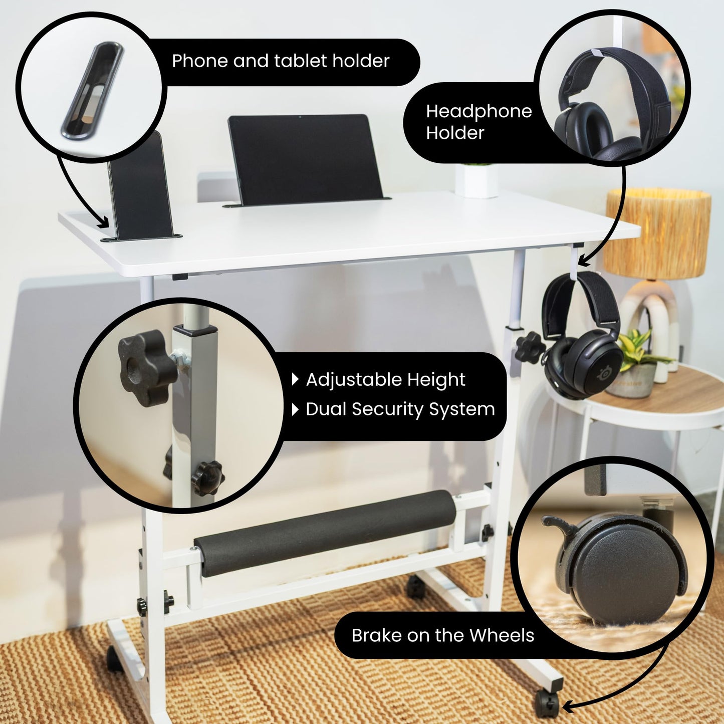 Model 2026 Adjustable Height Rolling Desk With Wheels Portable Compact Laptop Table Mobile Workstation For Study Office Small Space Standing Desk Ergonomic Writing Surface Modern Home Furniture White