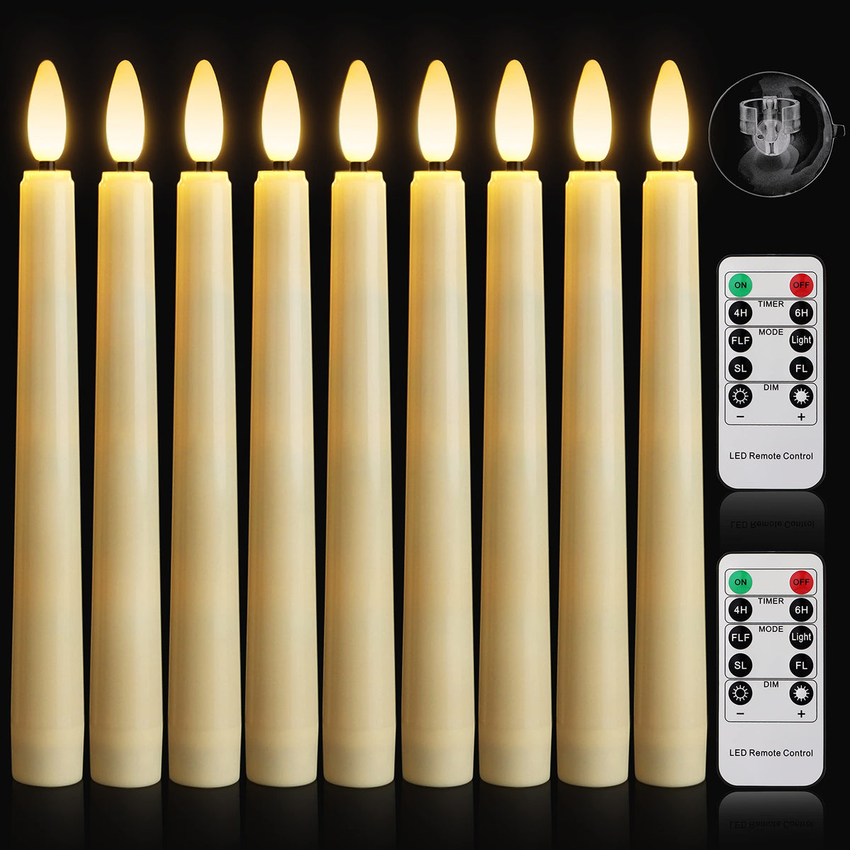 FREEPOWER 9 PCS Flameless Taper Candles Battery Operated, Realistic Flickering Window Candles with Daily Timer, Remote & Suction Cups Included,for Christmas Home Wedding Decor (Ivory)