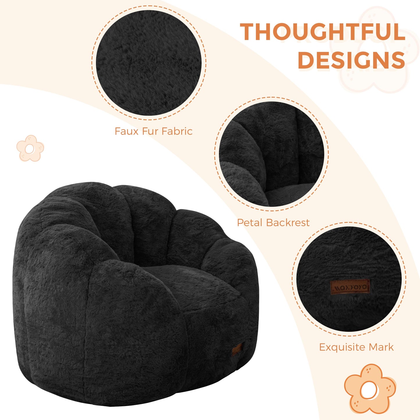 MAXYOYO Kids Bean Bag Chair, Floral Shaped Bean Bag Sofa, Plush Faux Fur Toddler Couch with Petal Backrest for Boys Girls, Stuffed Cozy Sofa for Nursery, Bedroom, Black
