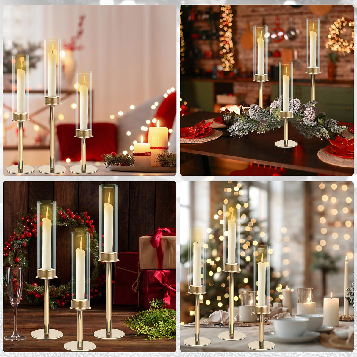 QTRQTR 3 PCS Gold Hurricane Candle Holders Fluted Glass Candlestick Holder