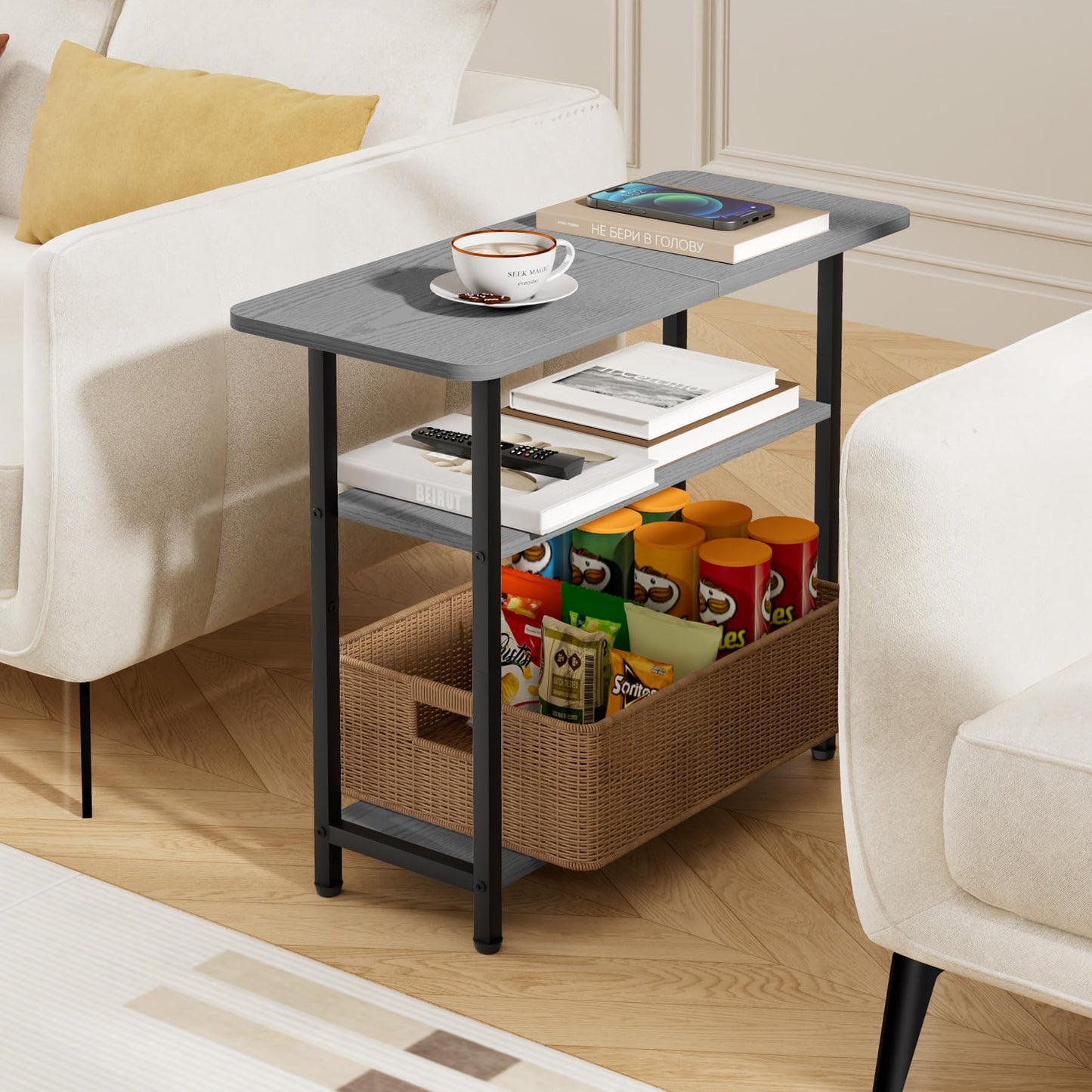 SLEEPING LAMB Side Table for Living Room, 3-Tier End Table for Small Space with Wide Storage Tabletop, Narrow Nightstand for Bedroom, Sofa Couch, Grey