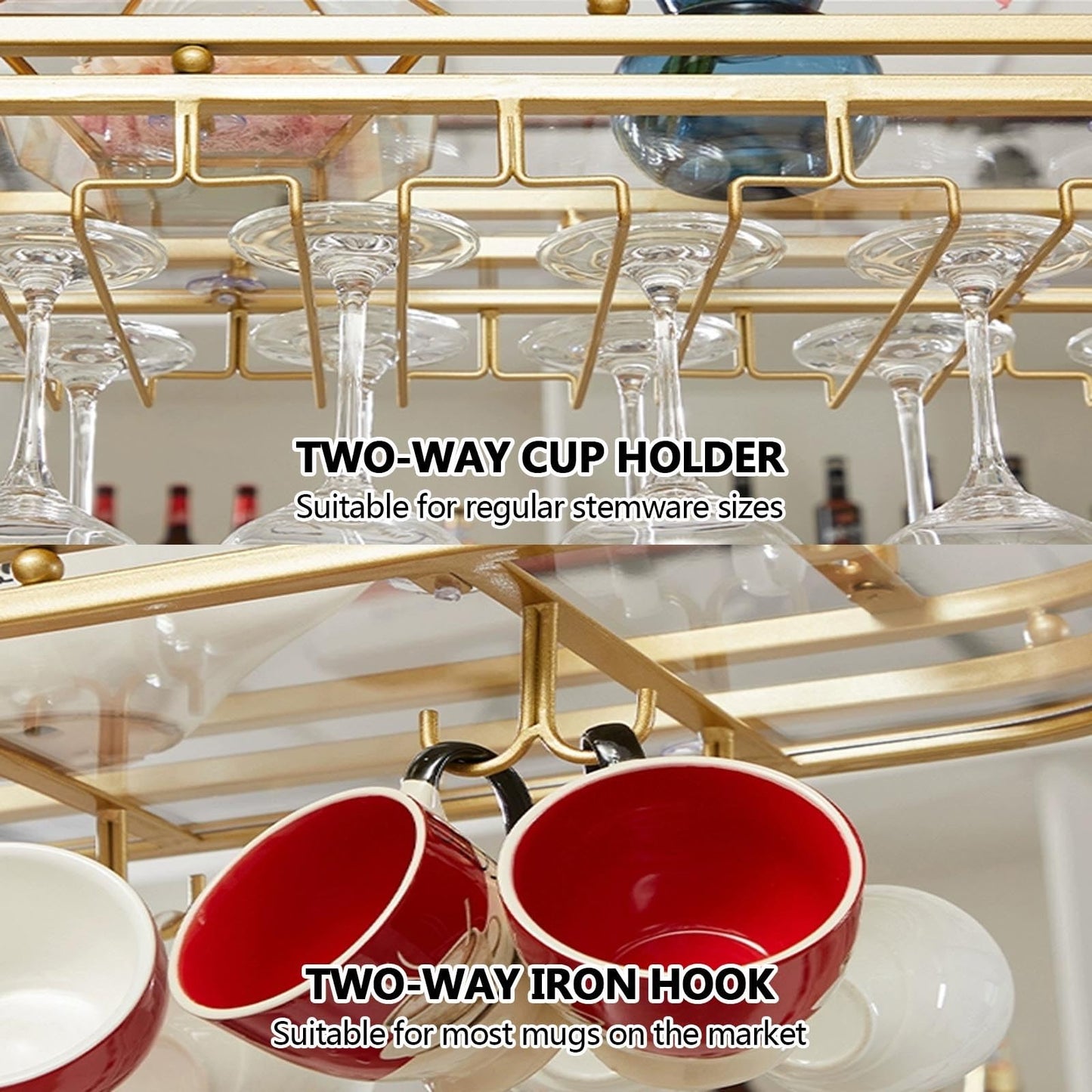 GHHDPXM Modern Hanging Wine Bottles Rack for Home Display Metal Ceiling Shelf for Cafe Bar and Kitchen Floating Storage Shelves with Glass Holder Wall Mounted Wine Rack for Cups.