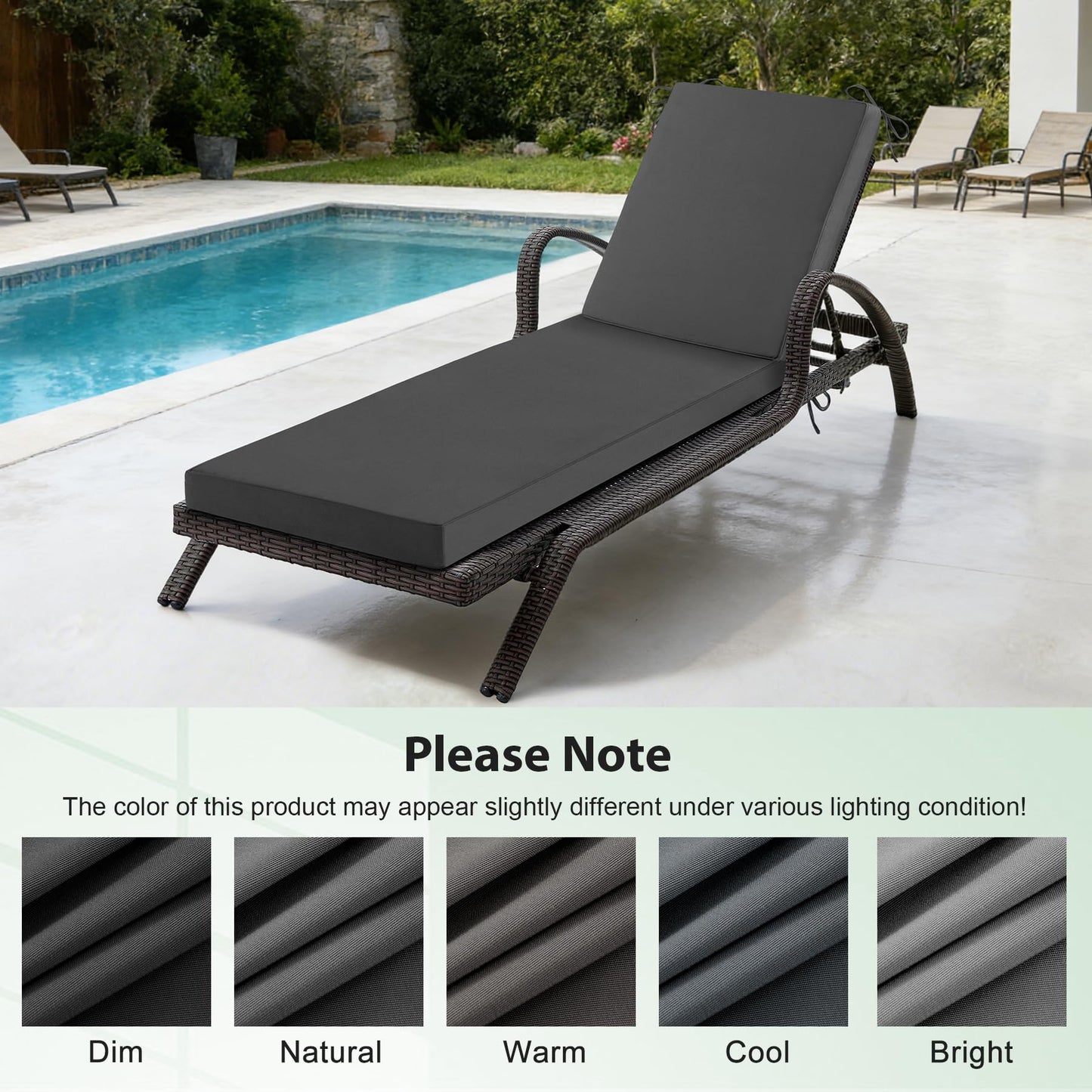 Aegisun Chaise Lounge Cushions Outdoor, 72x 21x 3 Inch Waterproof & Fade-Resistant Lounge Chair Cushion, Outdoor Chaise Cushion with Removable Cover & Ties for Lawn, Patio, Pool & Beach, Dark Grey