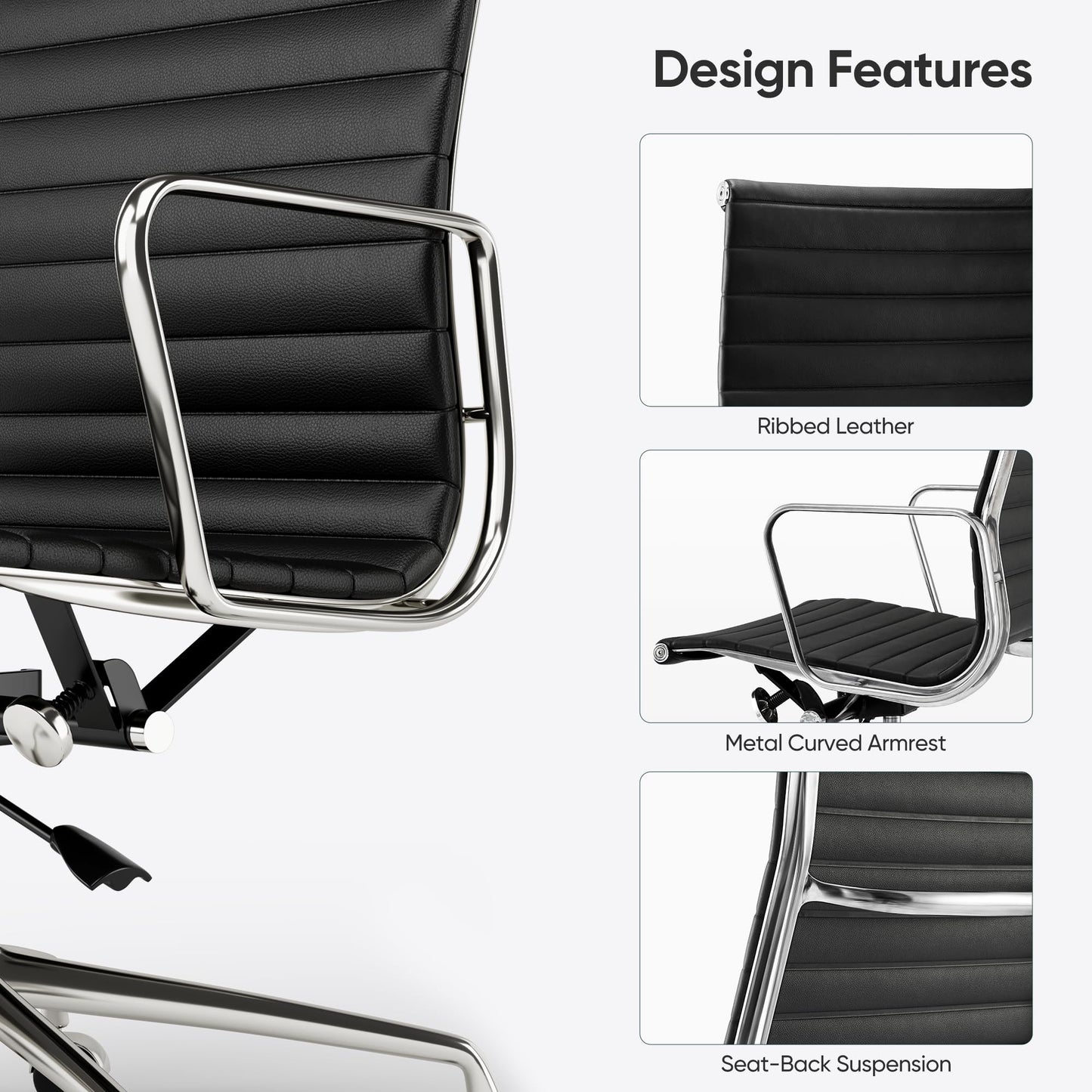 OTDMEL Ribbed Office Chair with Top Grain Leather - Mid Back Ergonomic Desk Chair with Aluminum Arm Rest and 5-Star Base, Swivel Chairs Black