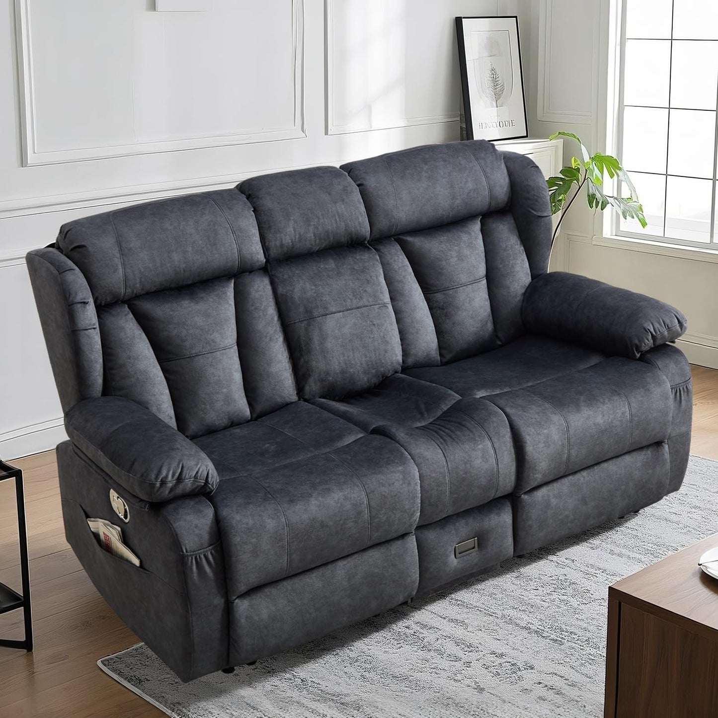 AHMED Loveseat Recliner Sofa with Console, Manual Reclining Loveseat RV Couch with Cup Holders/Side Pocket/Padded Armrest Cushion for Living Room, Velvet, Grey