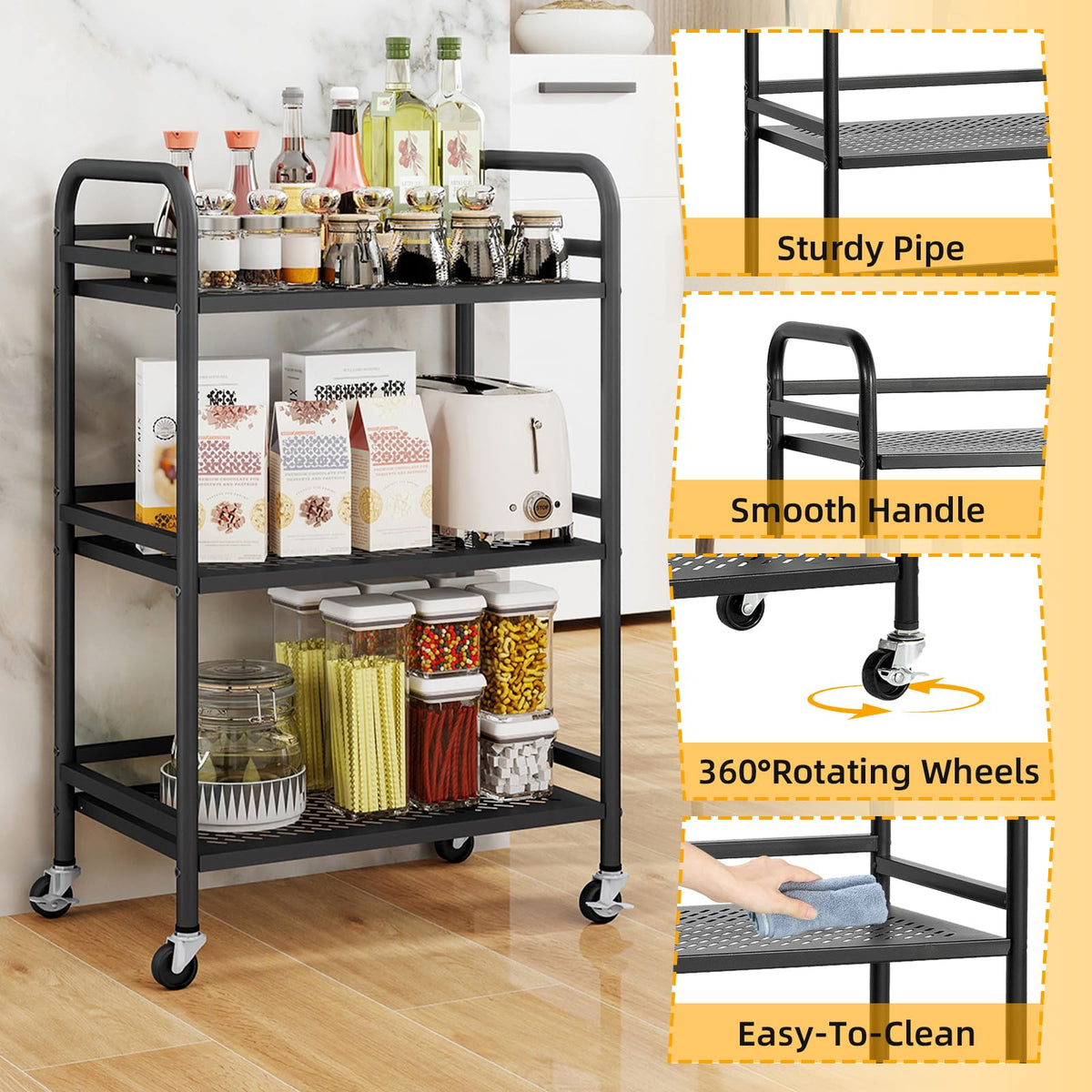 HDANI 3 Tier Rolling Cart,Heavy Duty Multifunctional Metal Frame-Supports 22 Lbs Per Tier,Mesh Rolling Cart with 2 Lockable Wheels for Office,Home,Bedroom,Kitchen,Bathroom,Black