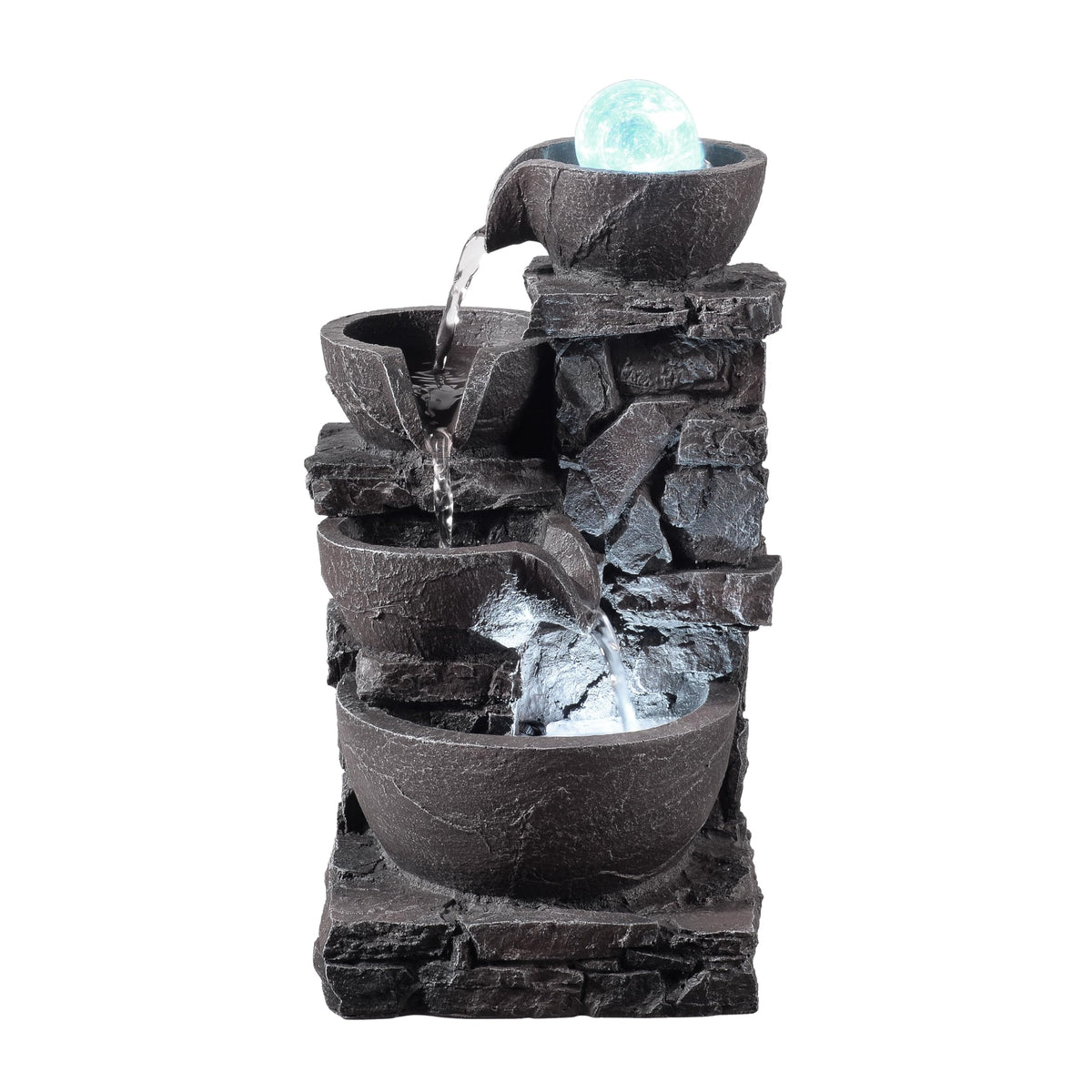 MSEONWXI Indoor Tabletop Fountain with 4-Tier Stone Bowls, Rolling Crystal Ball & LED Lights – Tranquil Waterfall Decor for Home, Office or Zen Space (23066)