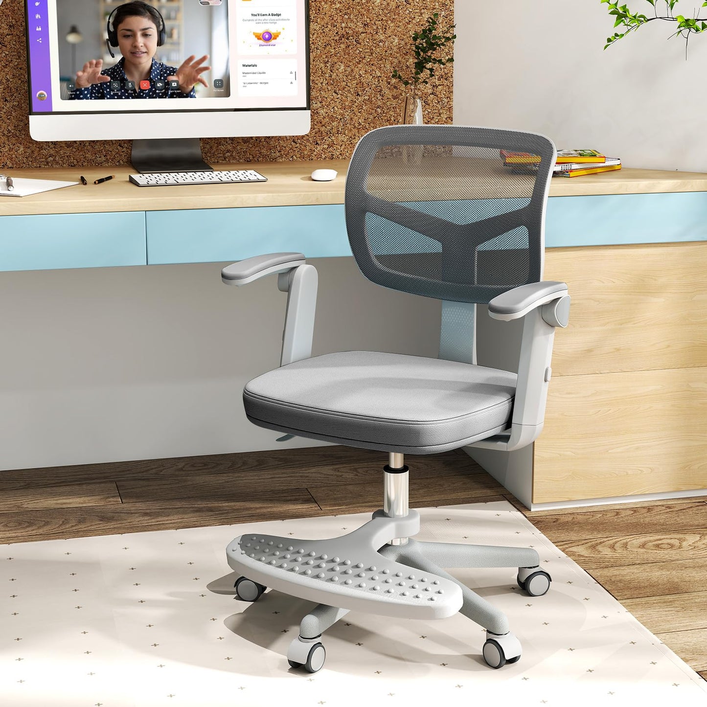 Costzon Kids Desk Chair, Student Ergonomic Computer Chair with Wheels, Footrest, Adjustable Height, Flip-up Armrests & Soft Removable Cushion, Swivel Rolling Kids Office Chair for 3-15 (Gray)