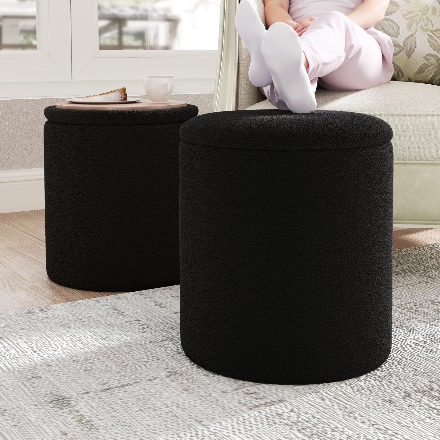Cmishe Ottoman Poufs with Storage, Soft Upholstered Vanity Stool,Multifunctional Ottomans Coffee Table Padded Seat Foot Rest for Living(Black)