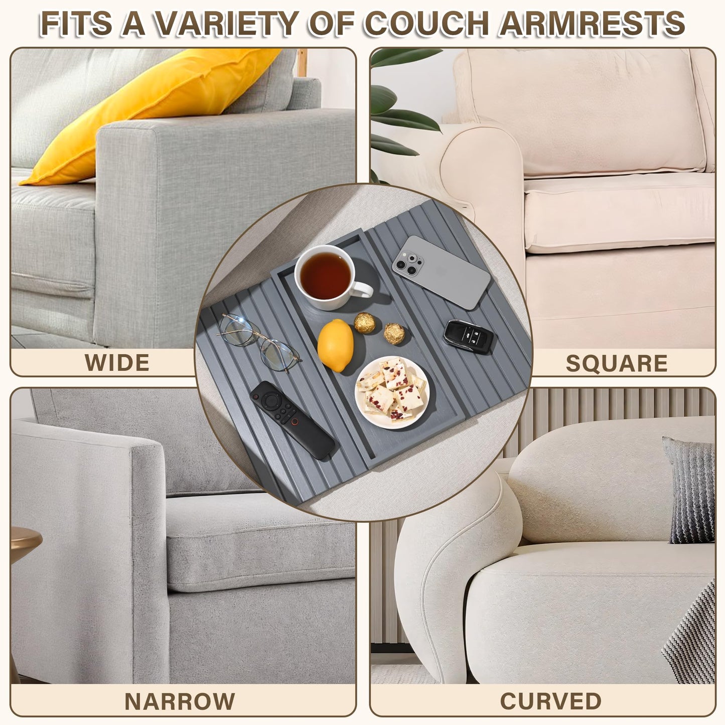 YUBAMIN Bamboo Sofa Arm Tray, Anti-Dropping Couch Arm Tray, Foldable Sofa Armrest Tray Couch Arm Table for Eats, Drinks, Snacks, Remote, Cellphone, Cup Holder, Back Anti-Slip Pad Design