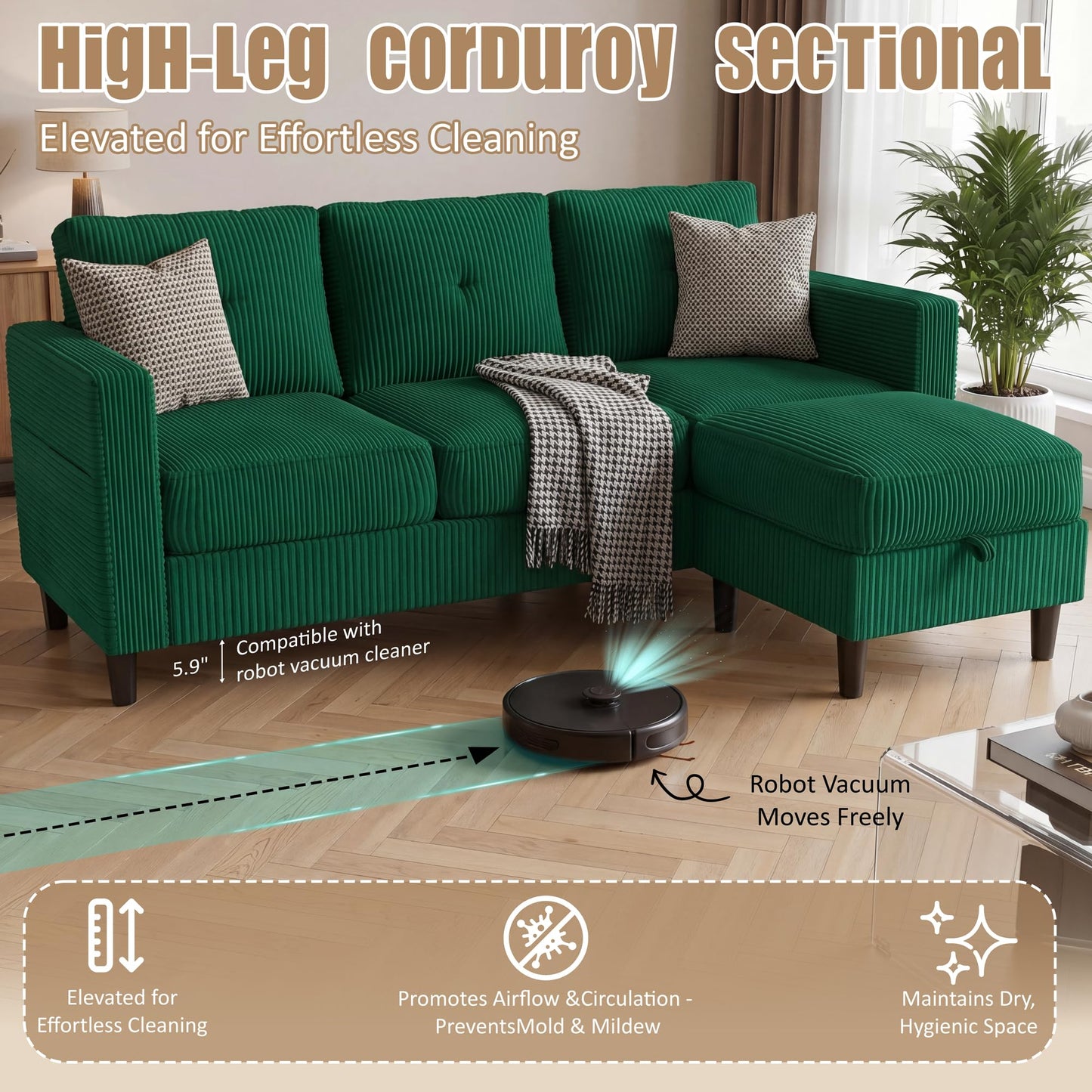 Convertible Sectional Sofa with Storage Ottoman, 77” L-Shaped 3-Seat Couch with Skin-Friendly Corduroy Fabric, Reversible Small Sectional for Small Space, Apartment, Living Room and Office(Green)