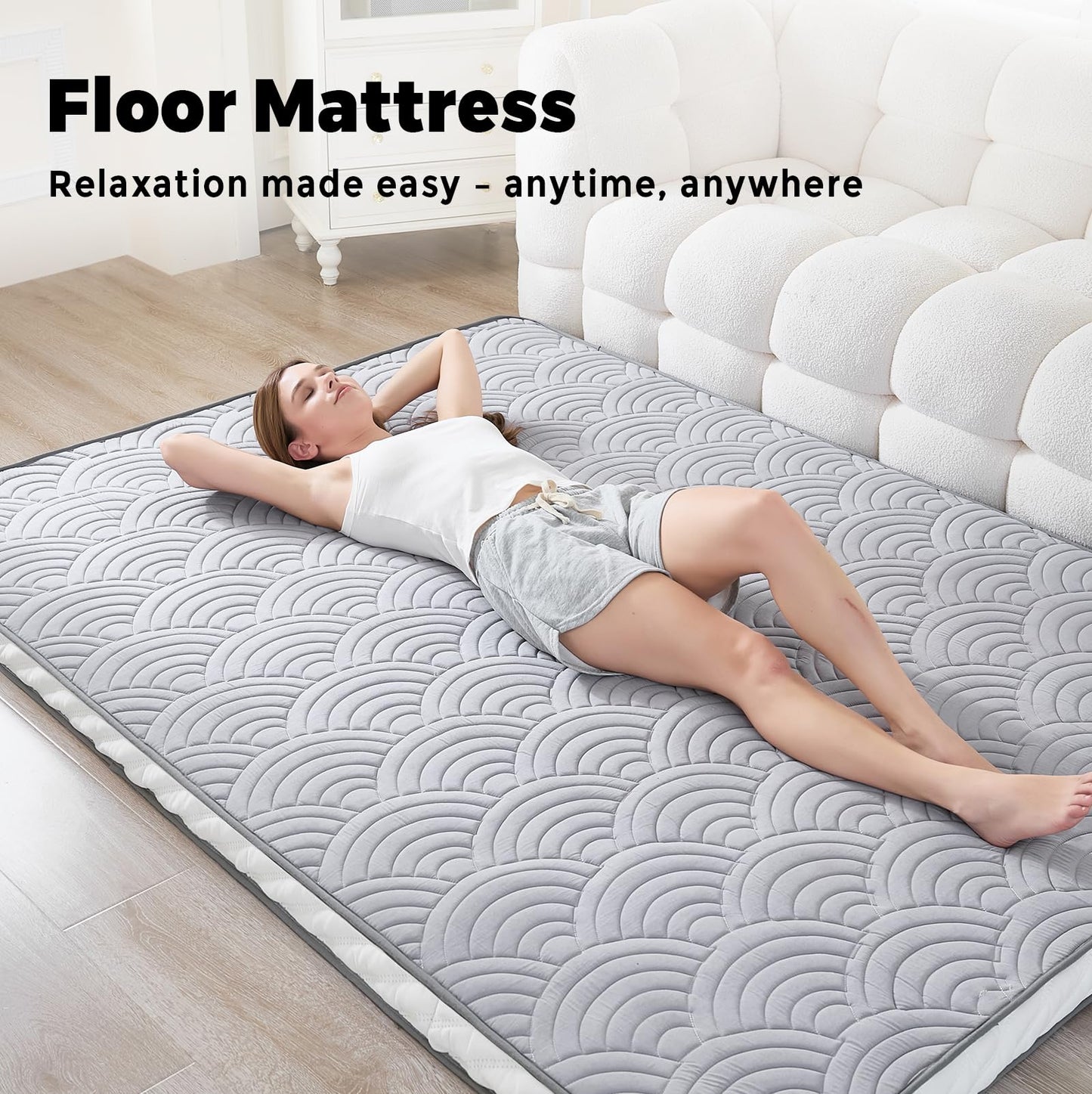 Zelladorra Japanese Floor Mattress, Quilted Futon Mattress with Anti-Slip Bottom, Foldable Floor Bed with Storage Bag and Straps, (Light Grey, Full)