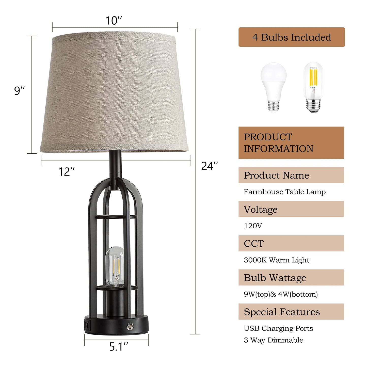 SRJJA 24" Table Lamps for Living Room Set of 2, Farmhouse Industrial 3-Way Dimmable Touch Bedside Lamps with USB A+C for Bedroom Nightstand,4 Bulbs Included