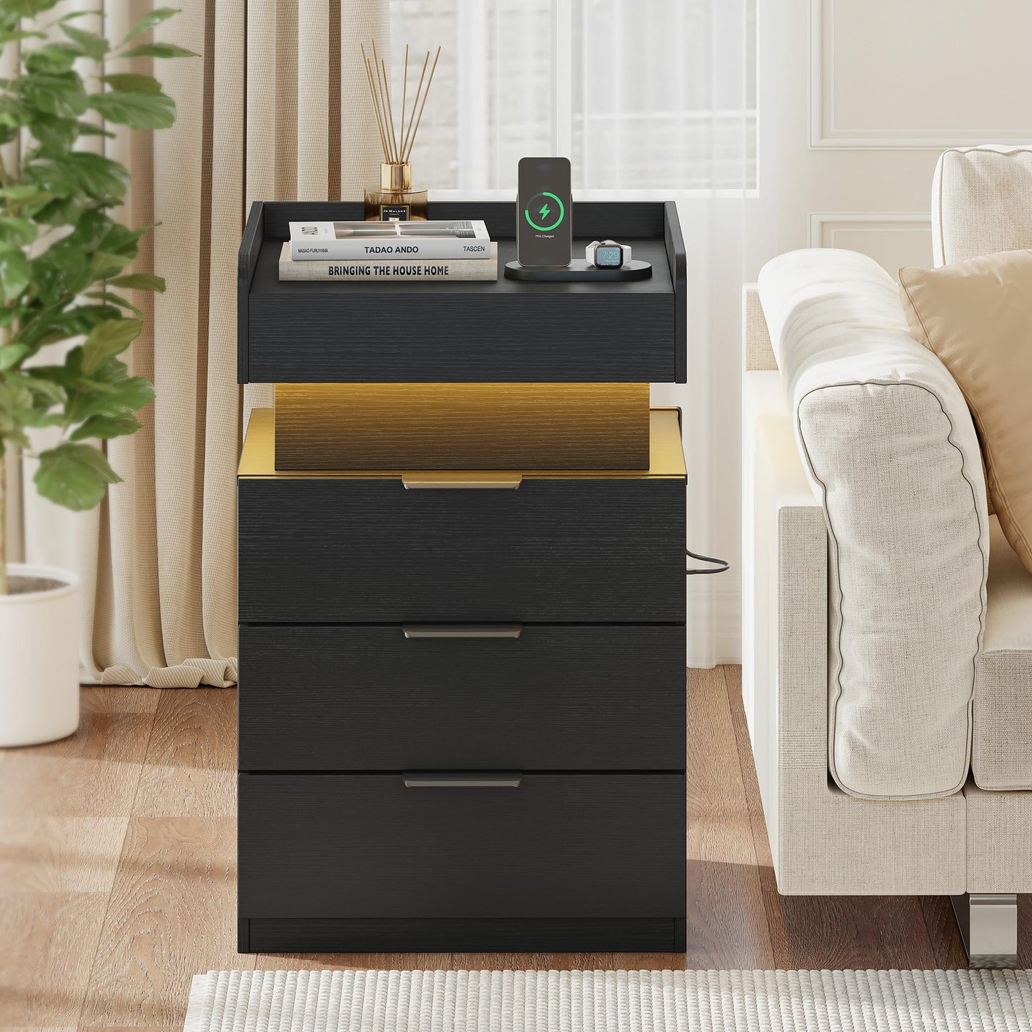 Turosur Night Stand with Gun Drawer, LED Nightstand with Charging Station, Wood Bedside Table with Hidden Storage and 3 Drawers for Bedroom, Modern Black