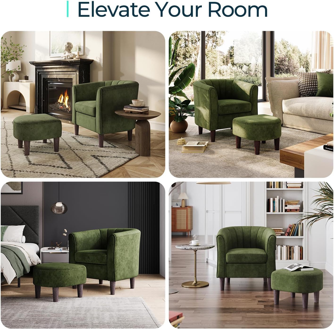 LINSY Accent Chair with Ottoman, Modern Armchair Comfy Barrel Reading Chair with Footrest for Living Room Bedroom Reading Room, Velvet, Olive Green