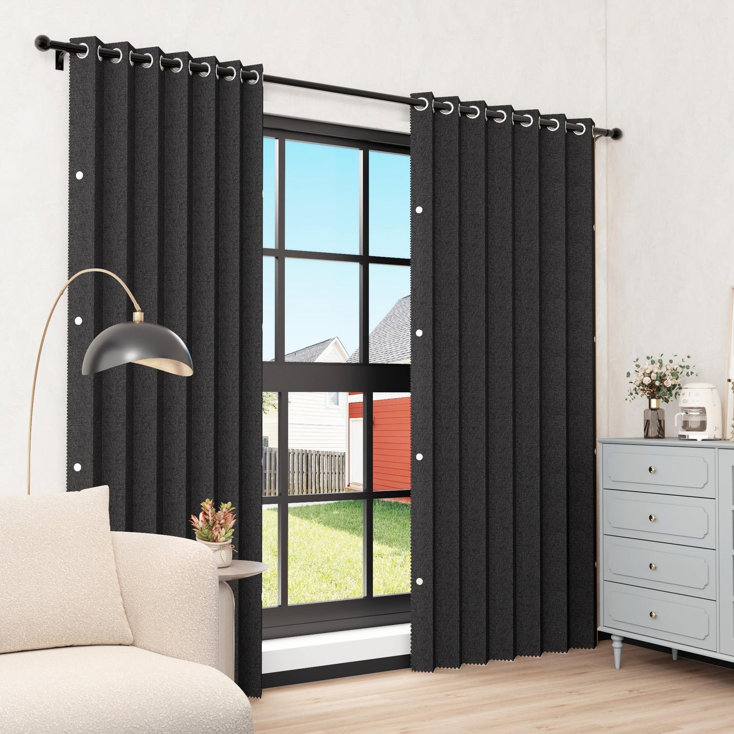 HMYI Blackout Faux Linen Pinch Pleat Curtain - Heavyweight, Light Reducing, Privacy Assured for Bedroom/Theater/Office, 1 Panel, W52 x L96, Black