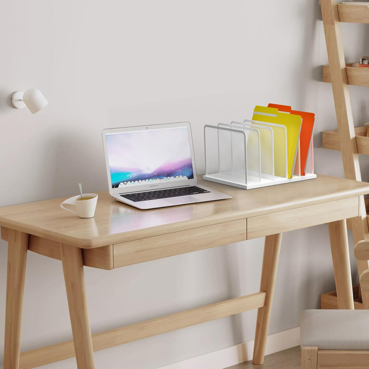 Kuntine.B Desk File Organizer Upright Mesh Desktop Organizer File Sorter Office Organization File Holder for Home, Office & Classroom (White, 1 Pack 5-Section)