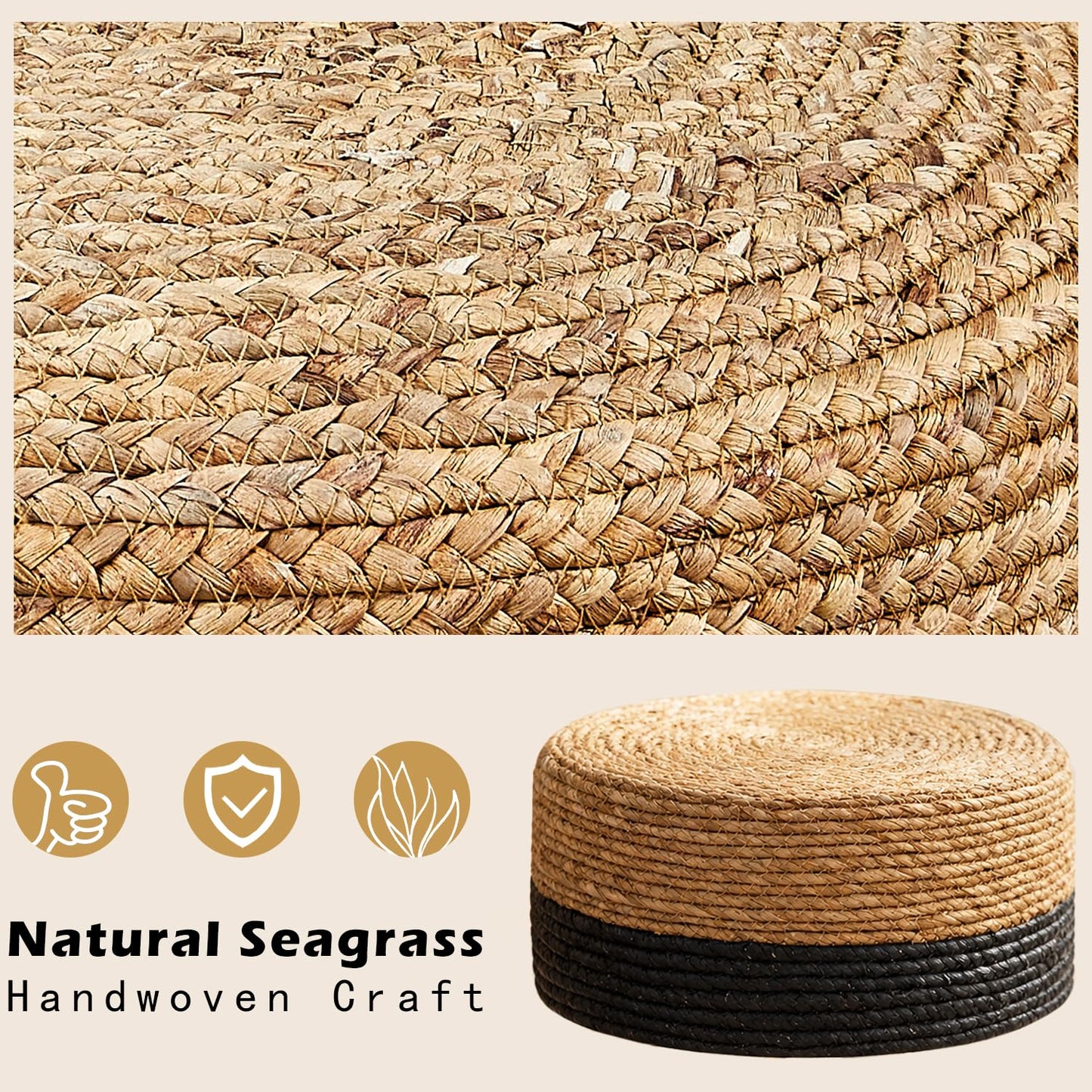 Wimarsbon Round Foot Stool Natural Seagrass Poufs Ottoman Hand Weave Footrest Stool for Couch Desk Extra Seat Step Stool with Solid Wood Legs for Hallway Patio Lounge Black