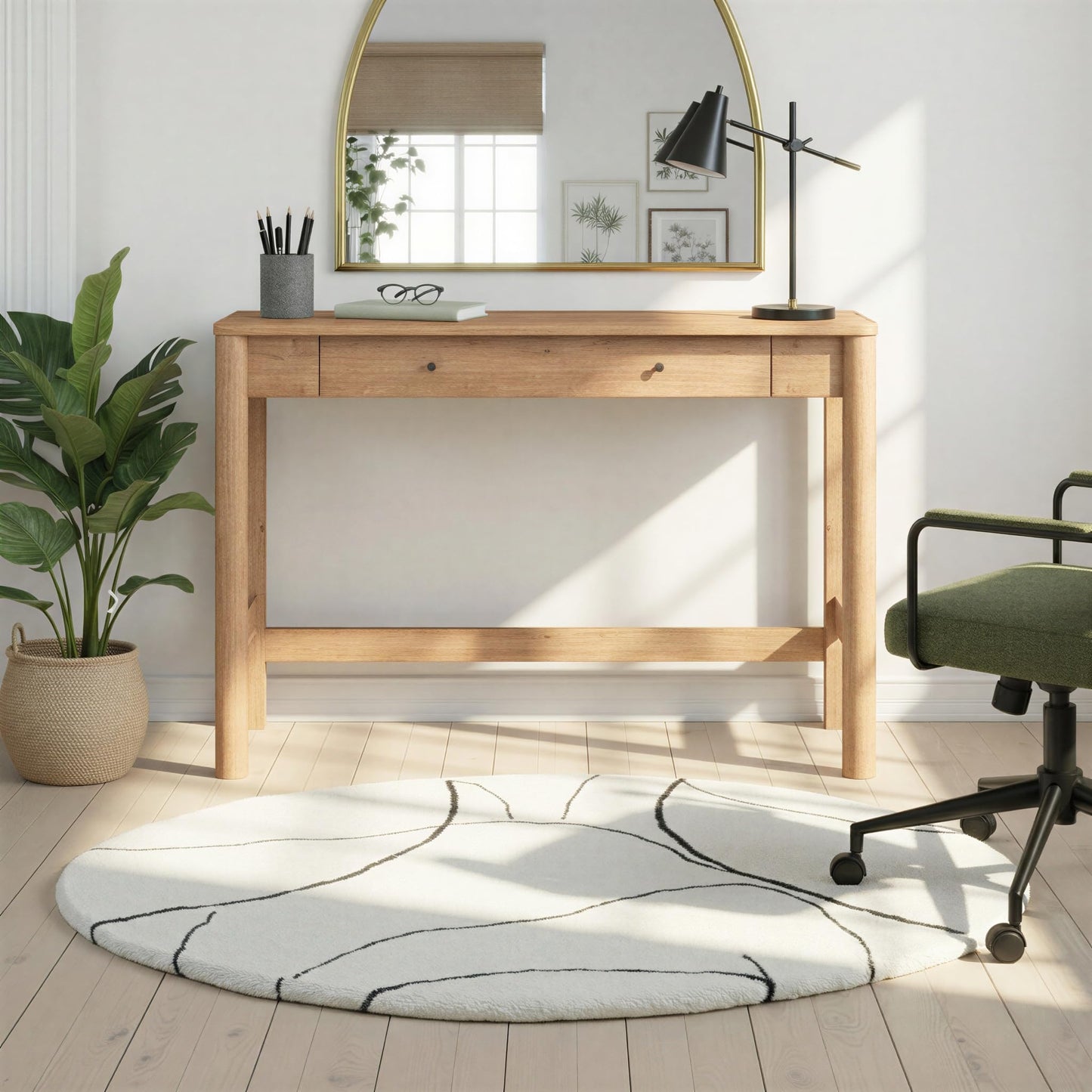 Walker Edison Penelope Modern Writing Desk with Drawer Storage, 44 Inch, English Oak