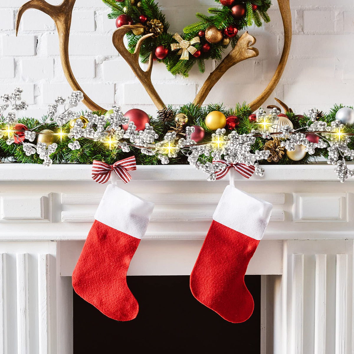 Syhood Christmas Berry String Garland with Lights Thanksgiving Artificial Lighted Garland for Xmas Winter Tree Decor Home Office Fireplace Mantel Decoration Holiday Valentines, 6 ft(Silver,1 Pc)