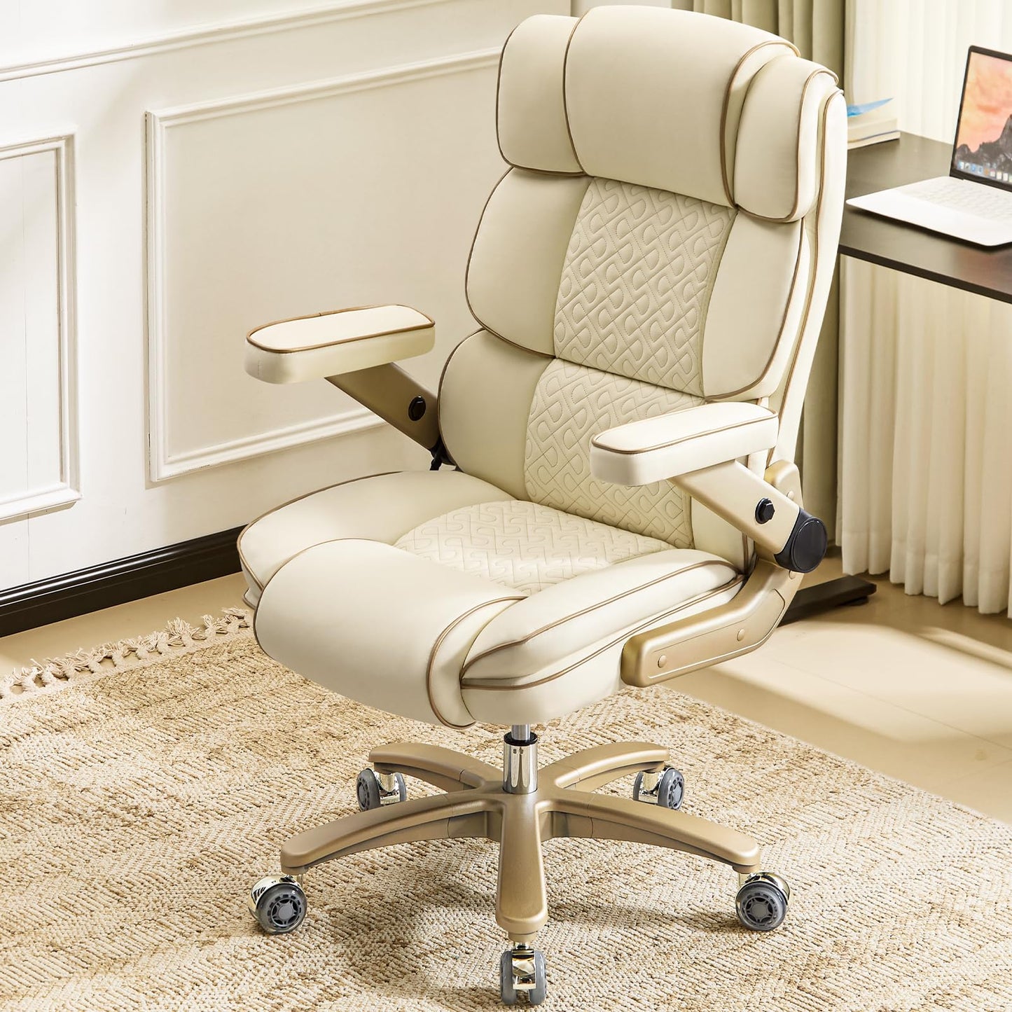 Furnistyle Big and Tall Office Chair 500lbs,5D Armrests Heavy Duty Executive Leather Chair with Comfortable Seat, Adjustable Lumbar, High Back, Large Computer Desk Chair for Home Office, Beige