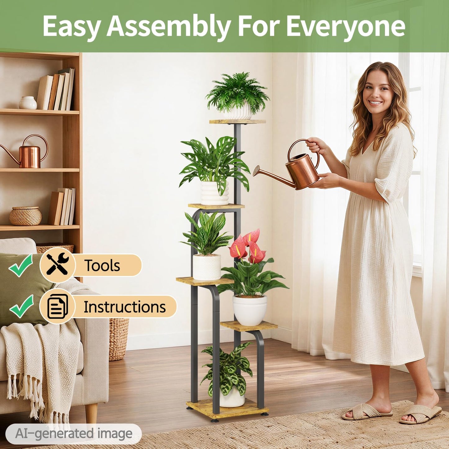 LASZOLA 5 Tiered Plant Stand Tall for Indoor Corner with Grow Lights, Modern Multiple Flower Display Rack with Wooden Tray, Vertical Planter Shelf for Living Room Bedroom Patio Garden Balcony, Black