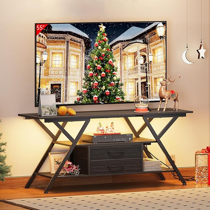 Simoretus TV Stand with Power Outlet and LED Lights, Fits TVs up to 65”