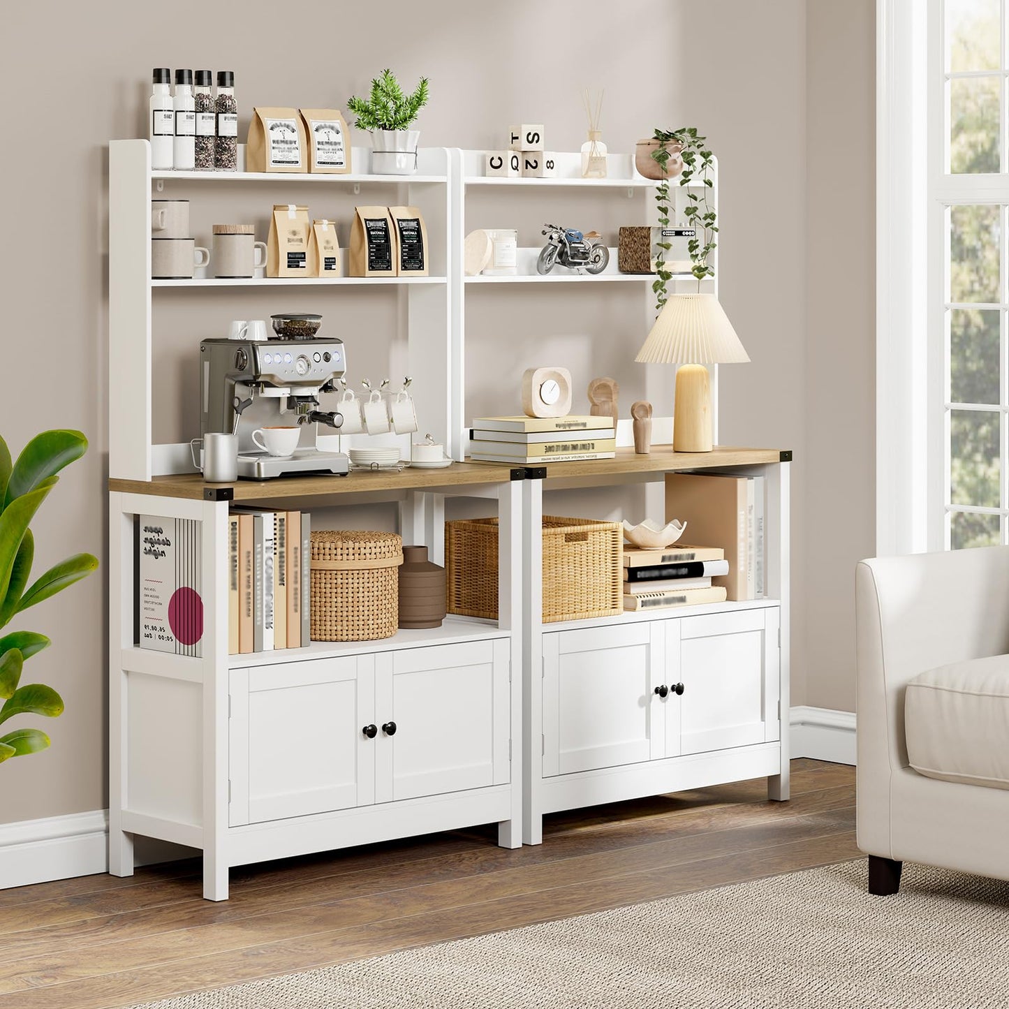 Lomojo Microwave Stand Bakers Rack Cabinet, Freestanding 5-Tier Kitchen Shelves, Farmhouse Floor Hutch Door Thickened Counter,Utility Storage Shelf, Coffee Bar(White and Brown)