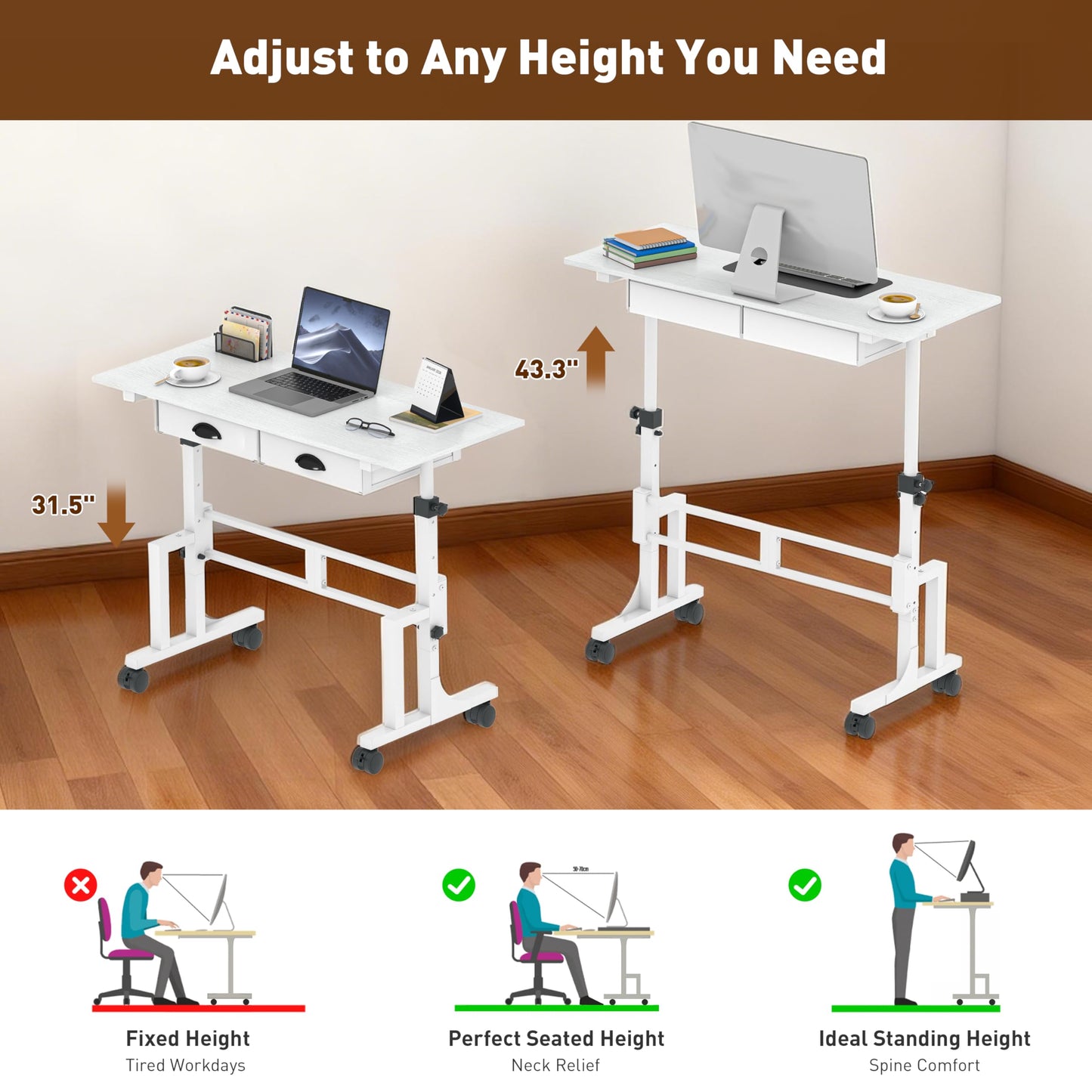 Height Adjustable Standing Desk with 2 Drawers, Small Sit Stand Up Desk with Wheels, Portable Rolling Desk for Walking Pad Treadmill, Computer Office, Adjustable 31.5"-43.3", White, Upgraded Stable