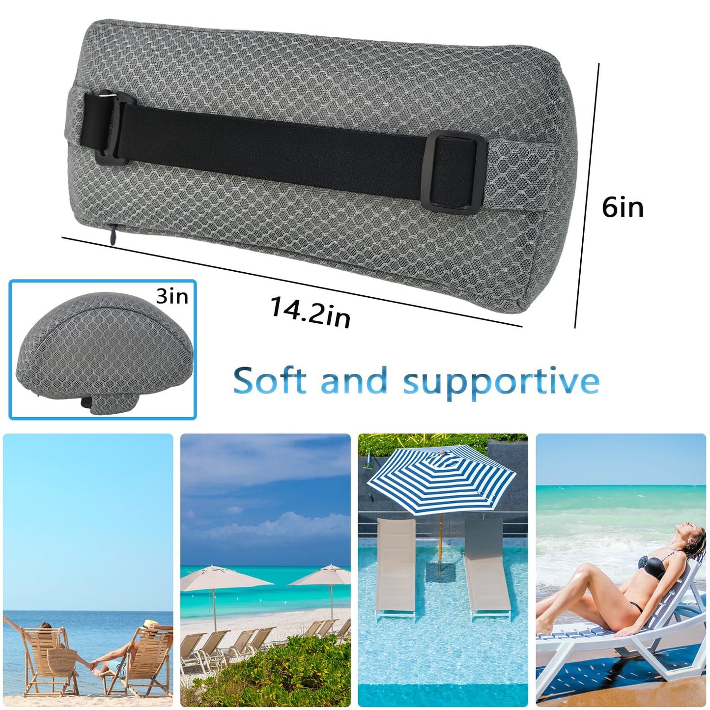 REEZEIVI 1Pack Headrest Pillow for Patio Chaise Lounge,Chaise Lounge Pillows Outdoor 3D air mesh with Elastic Band,Quick Drying and Washable Spa Pillow for Recliner,Beach Chair,Office Chair Gray