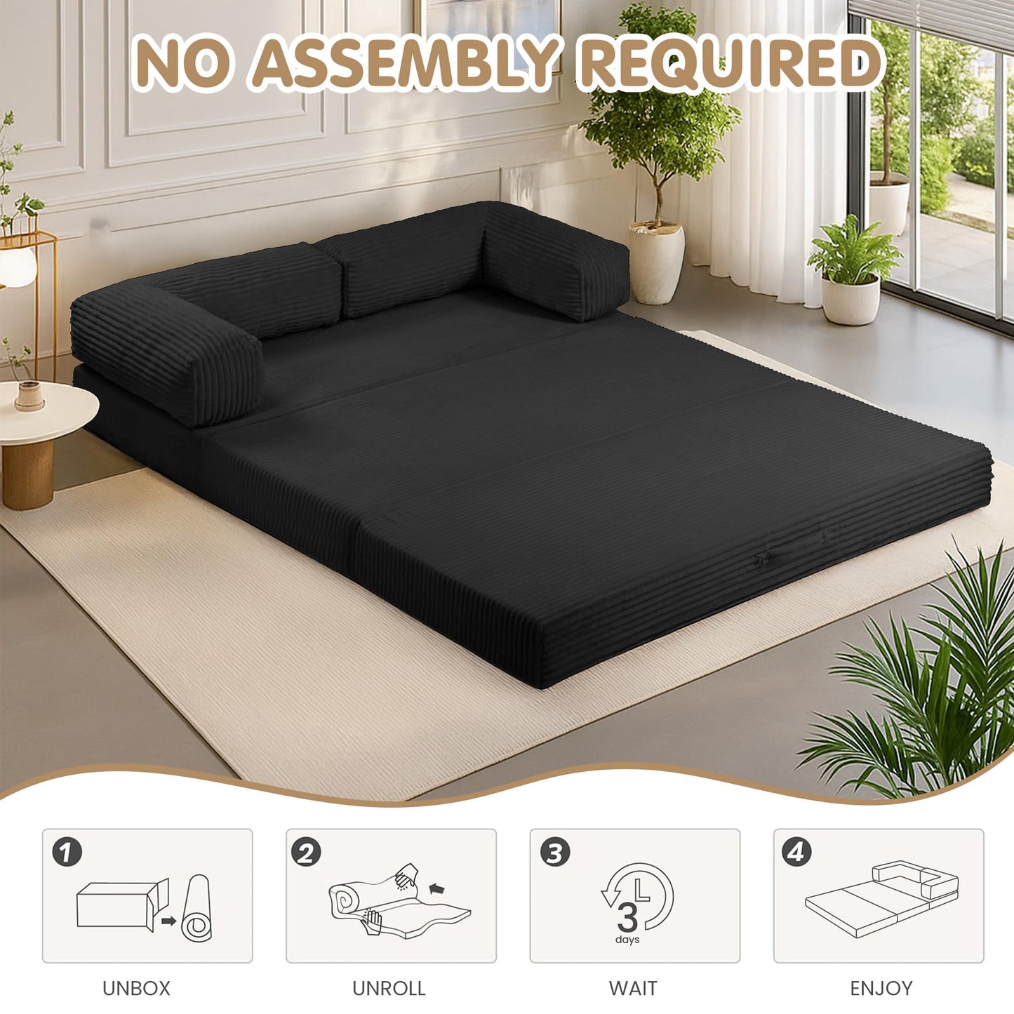 5-in-1 Convertible Sofa Bed,60" Boneless Couch Tri Folding Floor Mattress with Removable L-Shaped Armrests & Handle,Corduroy Futon Couch Sleeper with Pull Out Bed for Living Room Bedroom Apartment