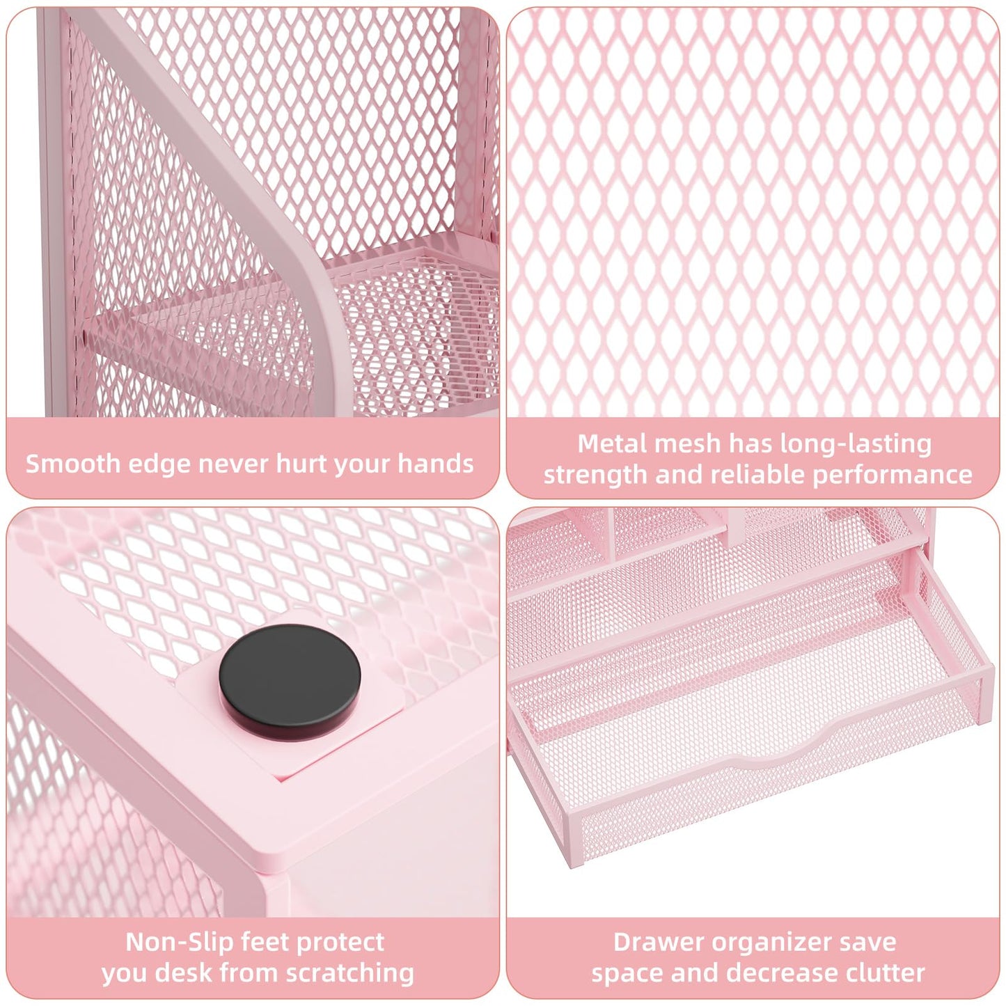 Marbrasse Mesh Desk Organizer with Drawer, Multi-Functional Pencil Organizer, 12 Compartments, Pink, Modern, Minimalist