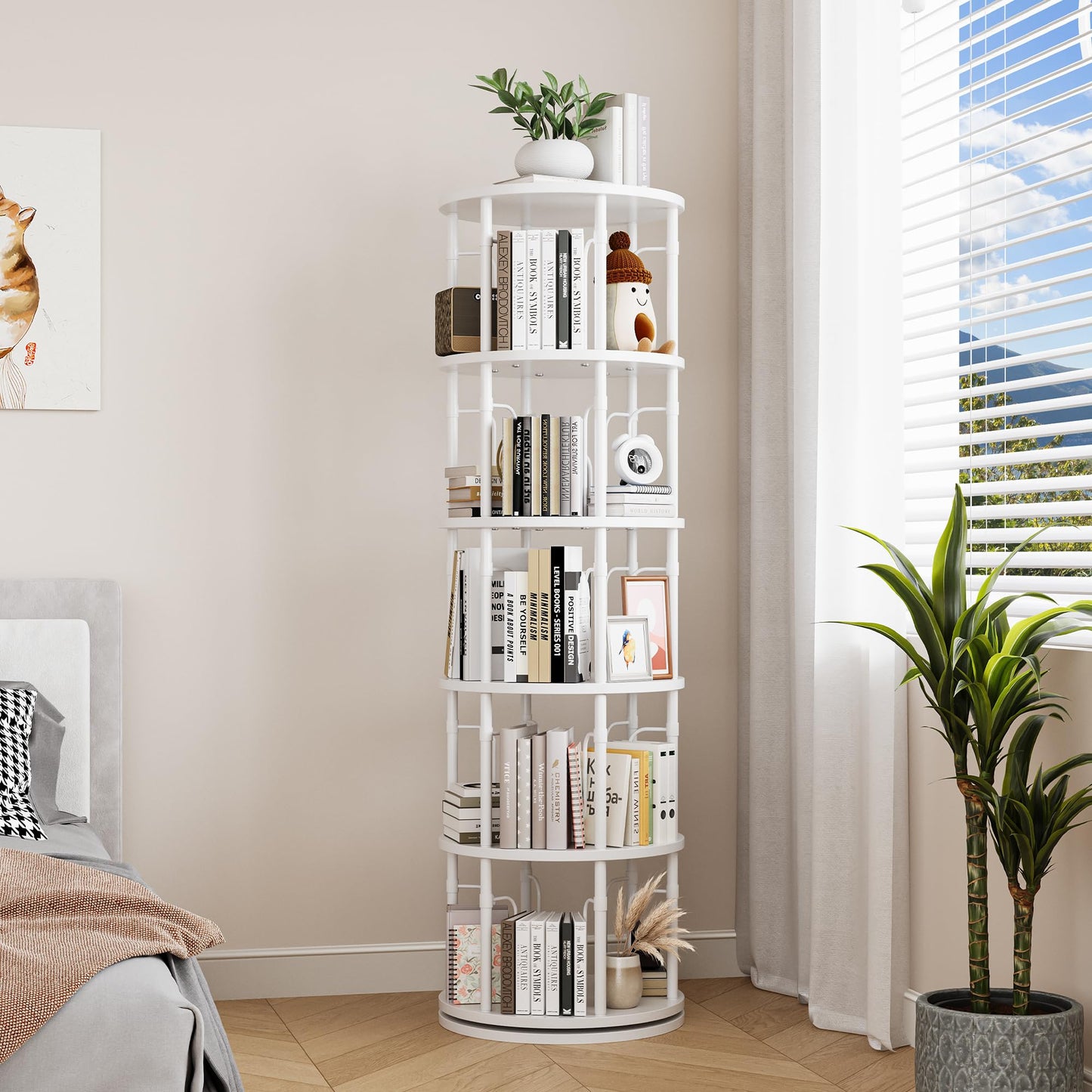 iabifo 5-Tier Tall Rotating Bookshelf, 360°Spinning Swivel Bookcase Tower, Vertical Floor Standing Revolving Round Book Shelf Organizer for Small Spaces, Corner, Living Room, Bedroom, White
