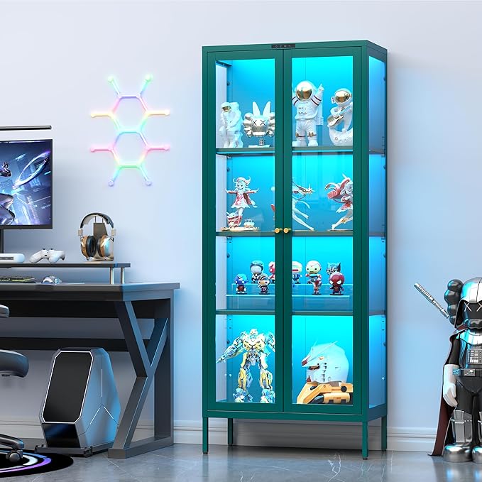 UNICOLY Display Cabinet with Glass Doors, Glass Display Cabinet with 8 Color
