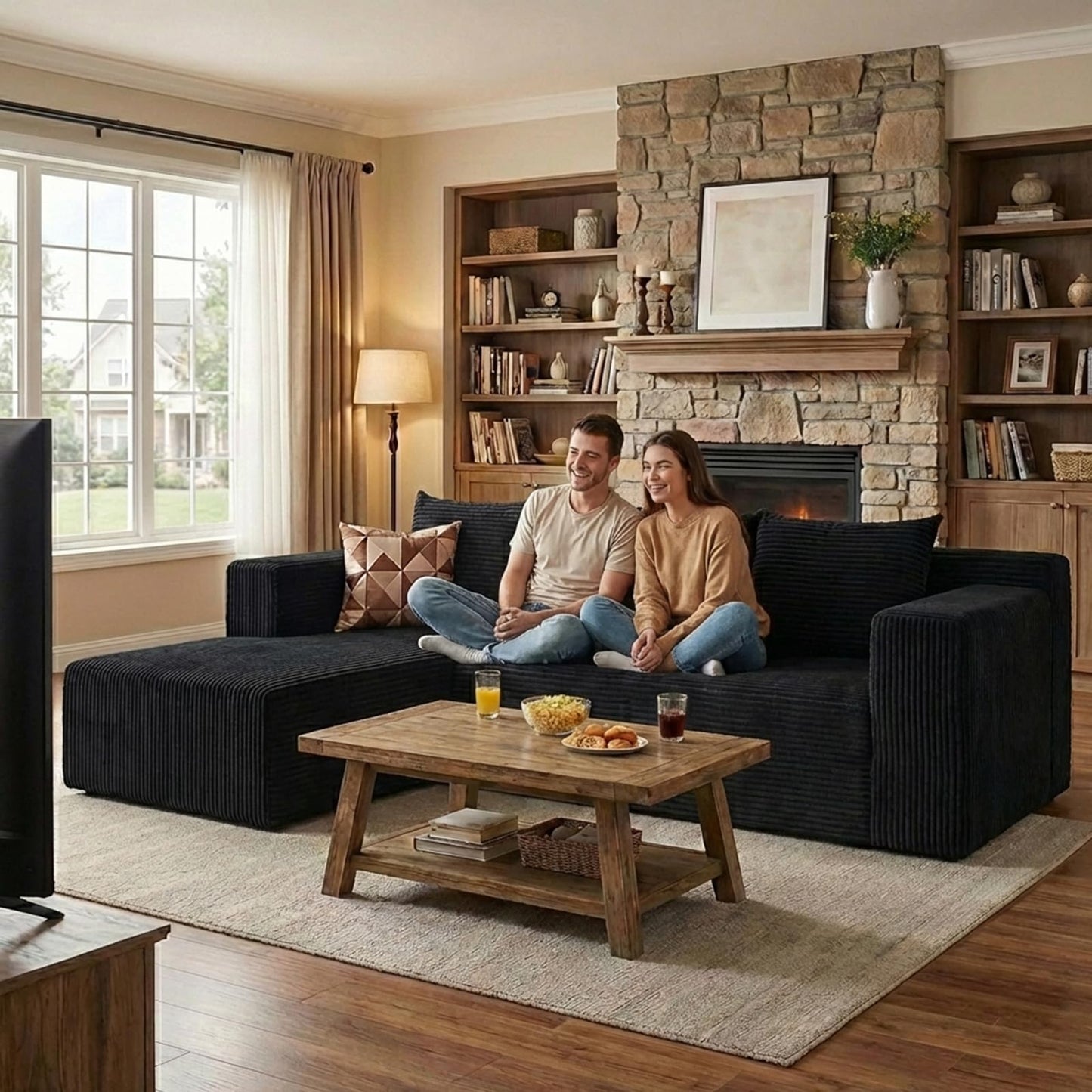 Nigoone 103" Boneless Corduroy Sectional Couch with Left Chaise, Modular L Shaped Couches for Living Room, Large Minimalist Modern Deep Seat Floor Sofa Set, No Assembly