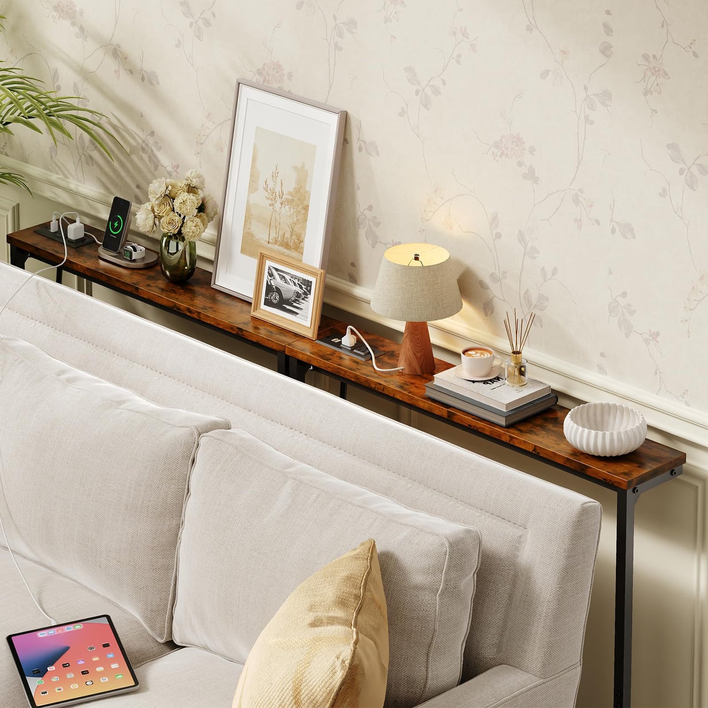 HavenlyYouth 63 Inch Narrow Console Table with 2 Power Outlets, Behind Couch Table with Charging Station, Small Space Sofa Behind Table for Living Room, Entryway, Hallway, Rustic Brown