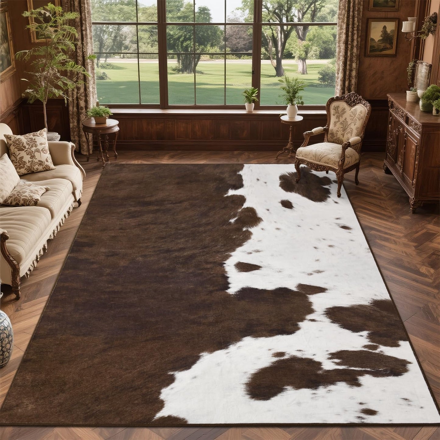 DweIke Cow Print Rug – 5x7 Faux Cowhide Carpet, Washable Soft Non-Slip Stain Resistant Animal Cow Hide Rugs for Living Room Bedroom Dining Room Office, Western Home Decor, Brown