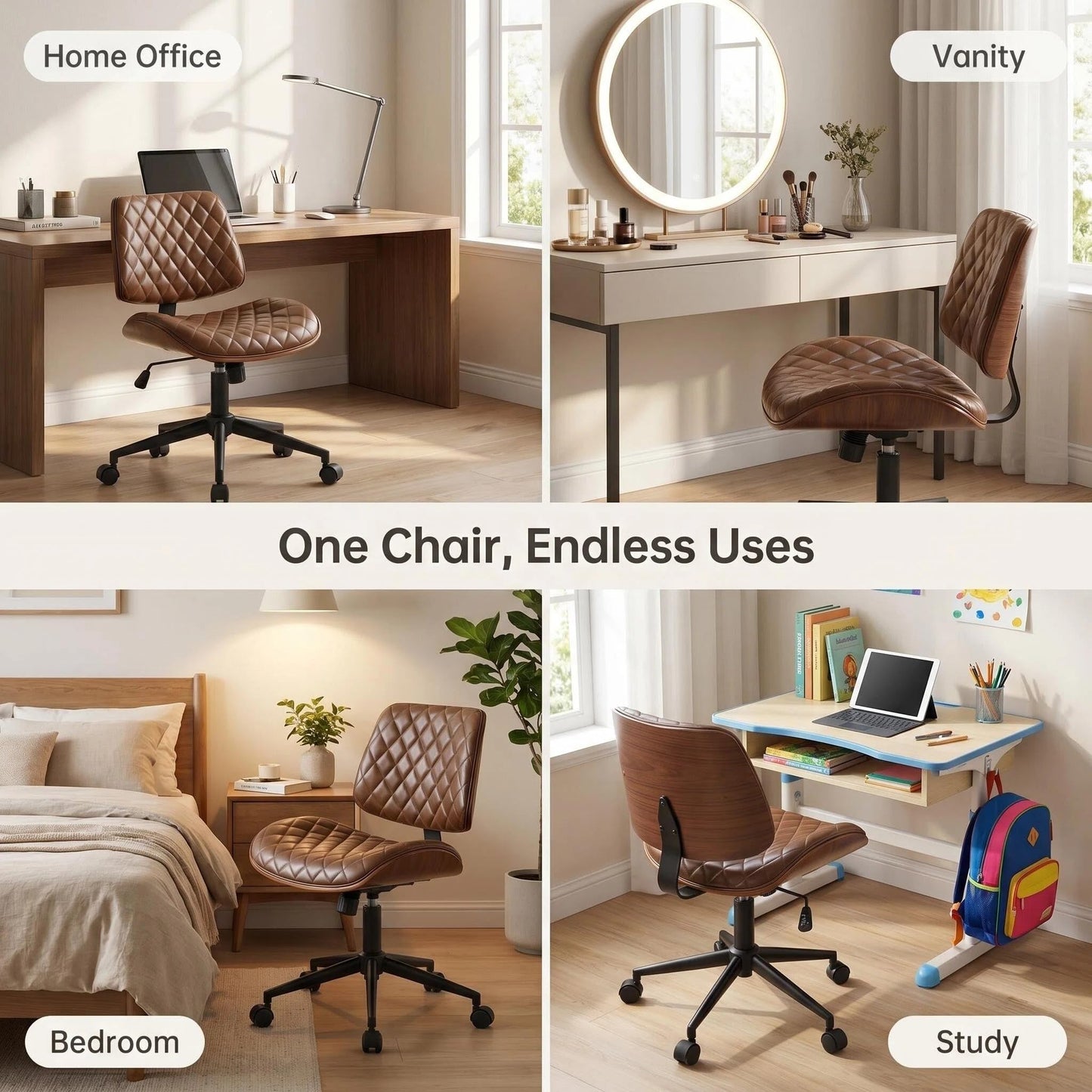 Furnimart Armless Small Desk Chair with Wheels, 360° Swivel Faux Leather Vanity Chair for Bedroom, Compact Home Office Task Chair for Small Spaces, Heavy-Duty Wood Frame(PU Brown)