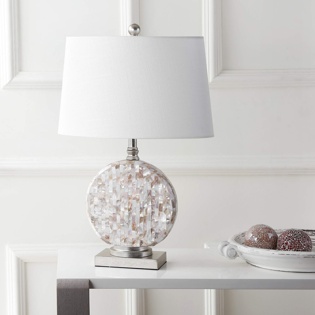 JONATHAN Y 24" Dennis Cream Mother-of-Pearl Seashell Table Lamp, Coastal Traditional Bedside Lamp for Living Room Bedroom, White Linen Drum Shade, LED Bulb Included JYL1050A