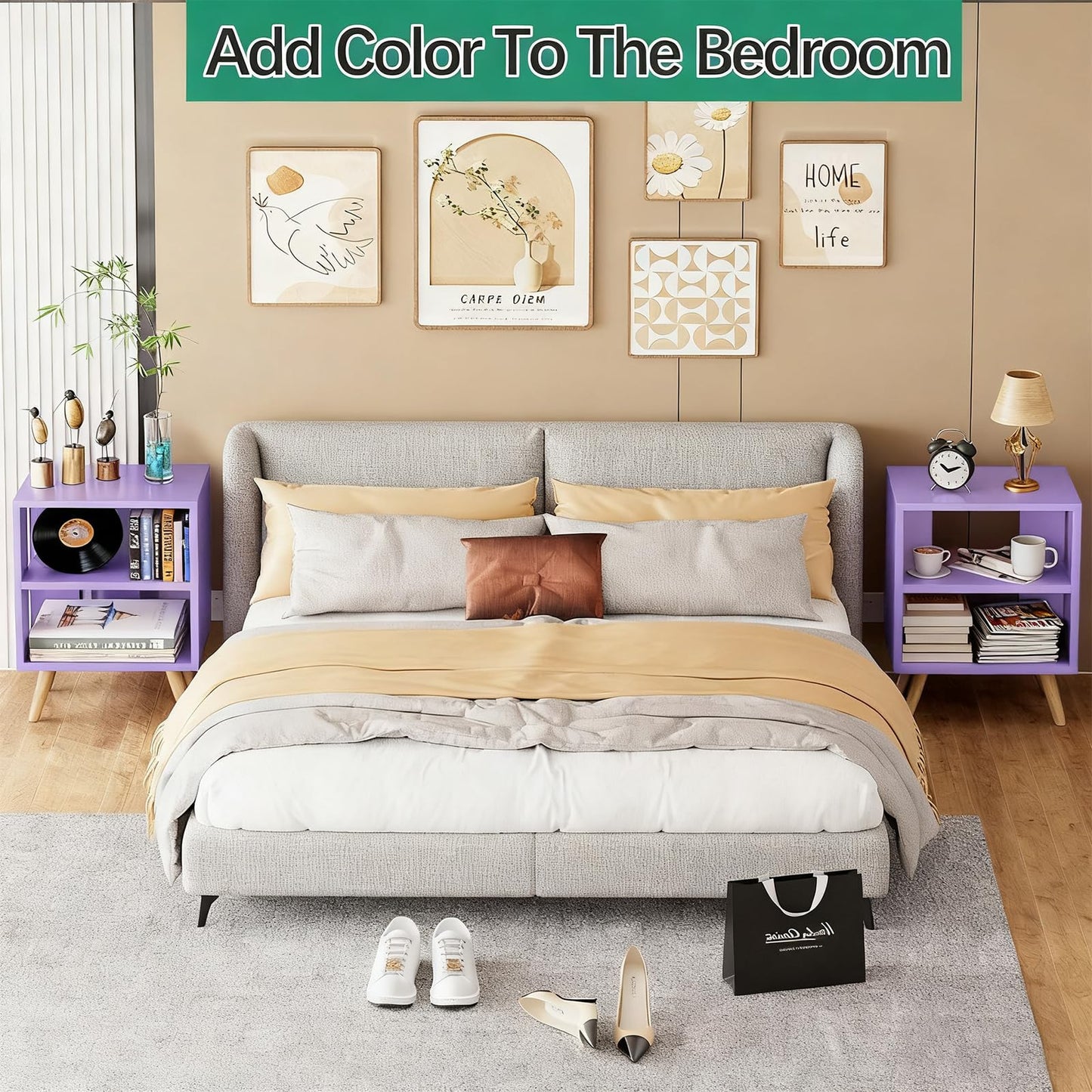 Aenuert Night Stand, Purple Nightstand, Modern End Table with Open Storage, 2-Tier Wooden Bedside Table for Small Space, Living Room, Bedroom