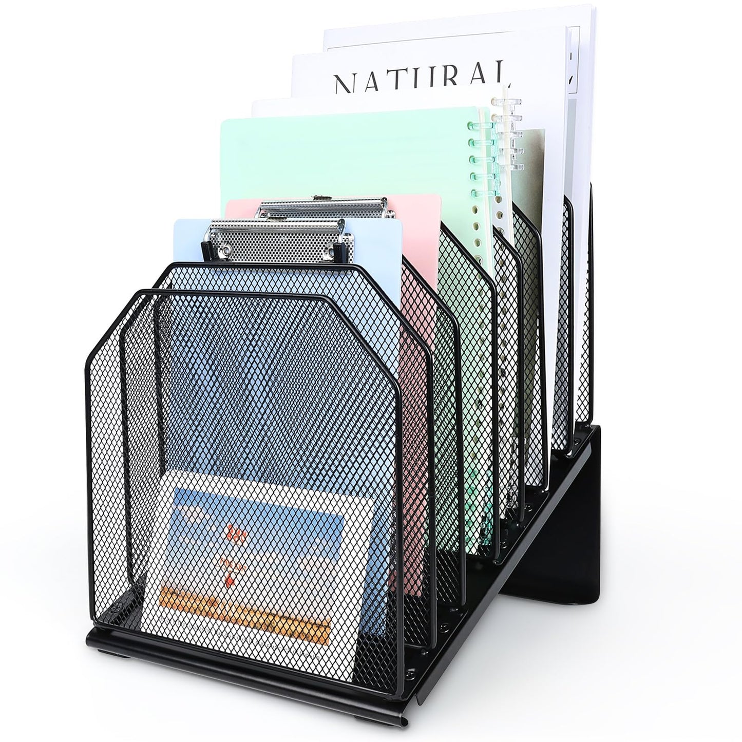 SUMMORO Inclined File Organizer for Desk, 7-Section Vertical File Folder Holder Office Desk Organizer Metal Rack File Wire Mesh Desktop Document Sorter for Office School Classroom Home (Black)