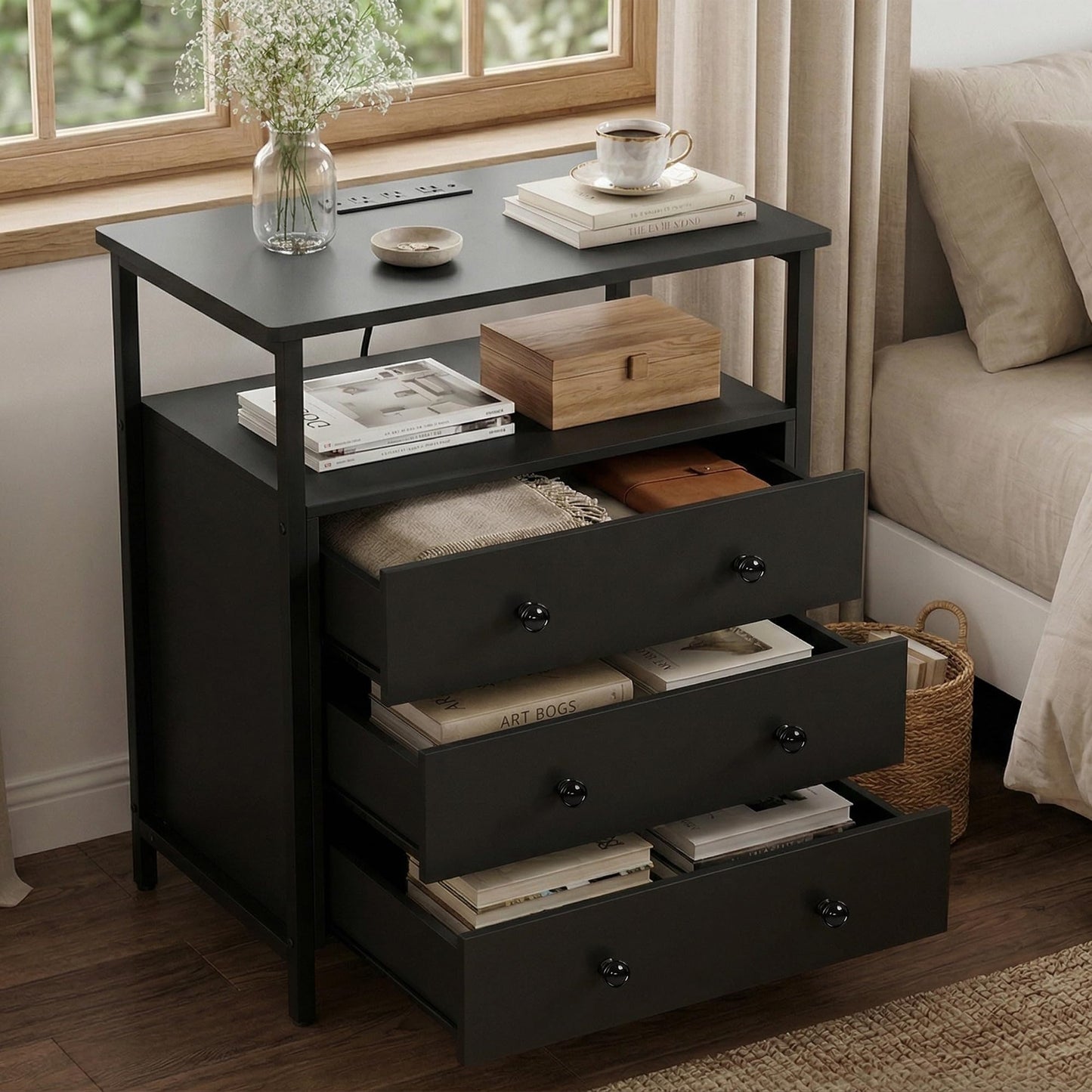 Edbuosy 3 Wooden Drawers Night Stand, 27 Inch Wide Nightstand with Charging Station and Adjustable Drawers, Small Dresser for Closet, Bedside Table for Living Room/Bedroom/Office, Black.