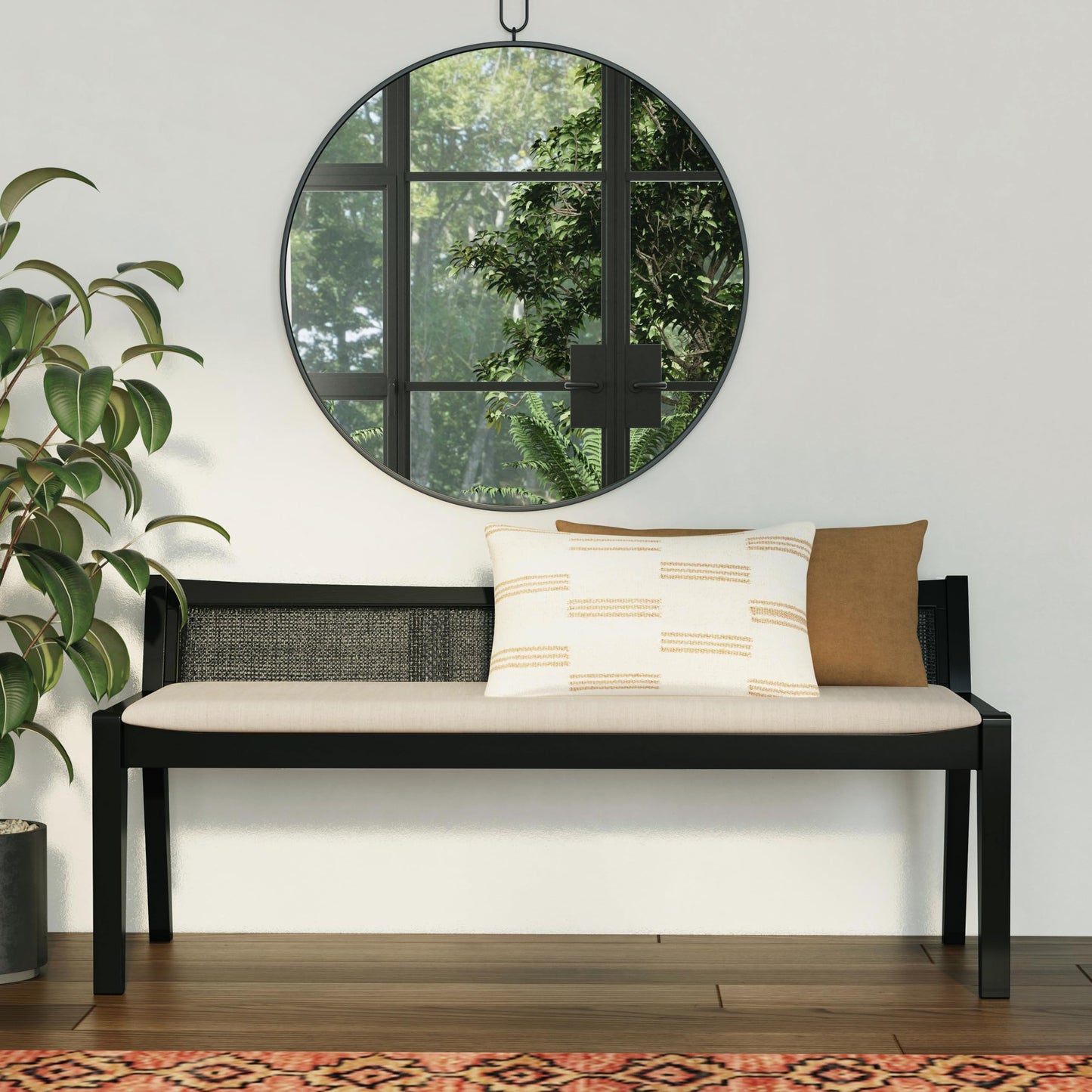 Powell Kasi Black Low Back Cane Bench with Beige Upholstered Seat