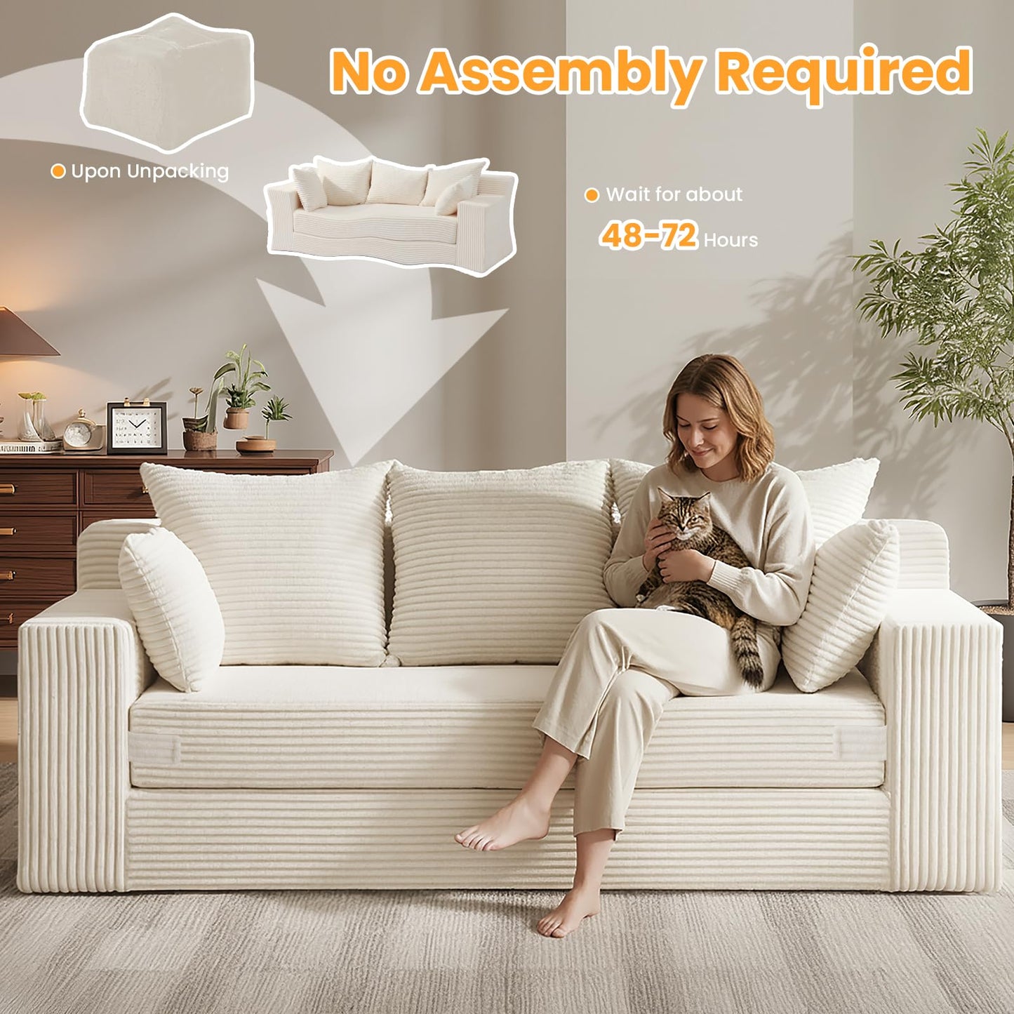 Winzoo Boneless Couch 70 inch, 3 Seater Couch with Pull Out Bed, Boneless Loveseat Oversize Beige Futon Couch Floor Bed with 5 Pillows for Living Room Bedroom Lounge Small Space