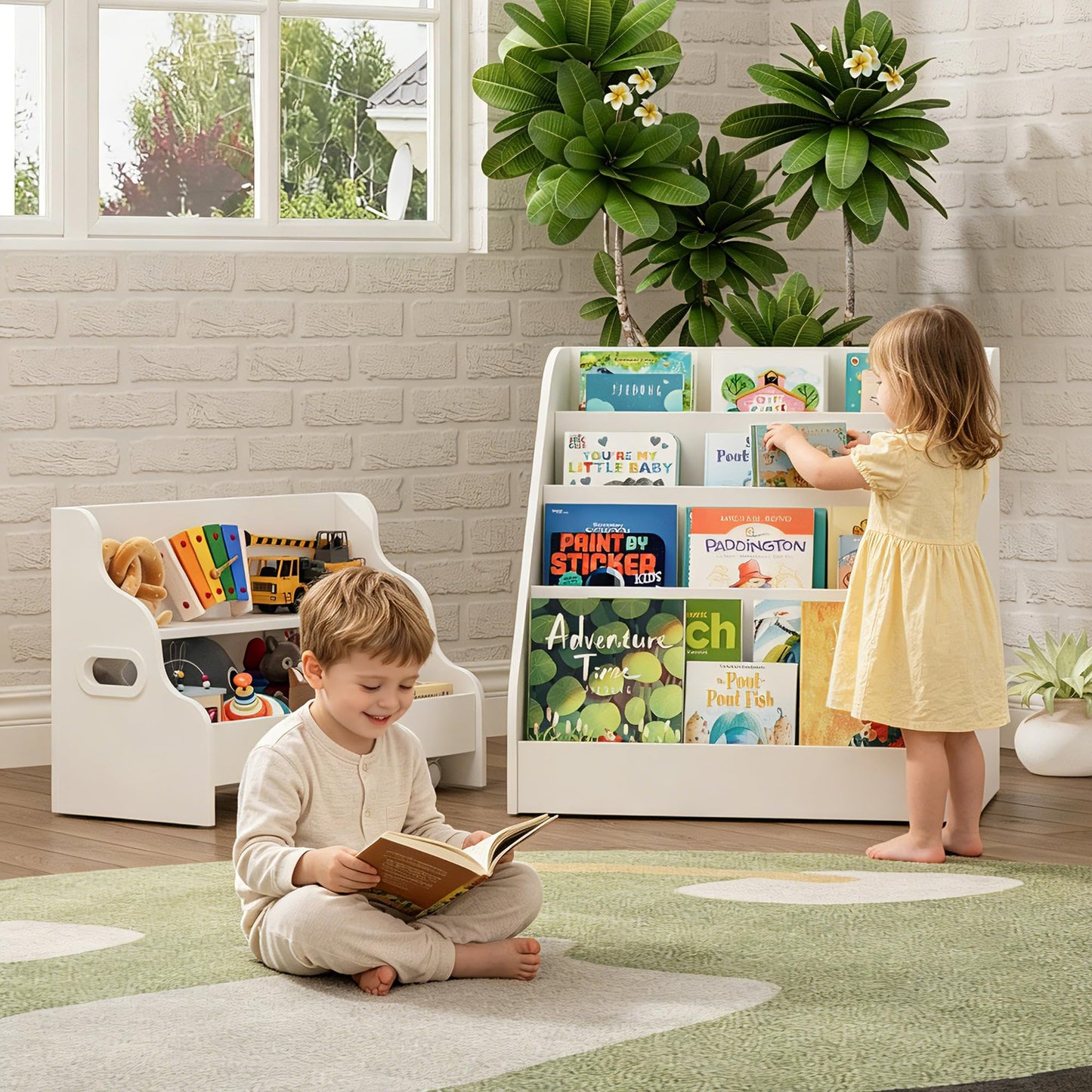 2-in-1 Montessori Kids Bookshelf - Toddler Nursery 4 Tier Wooden Kids Book Shelf, Display Book Shelf for Kids Rooms, Children Bookcasewith Toy Rolling Cart, for Toddler Nursery, Playroom & Classroom