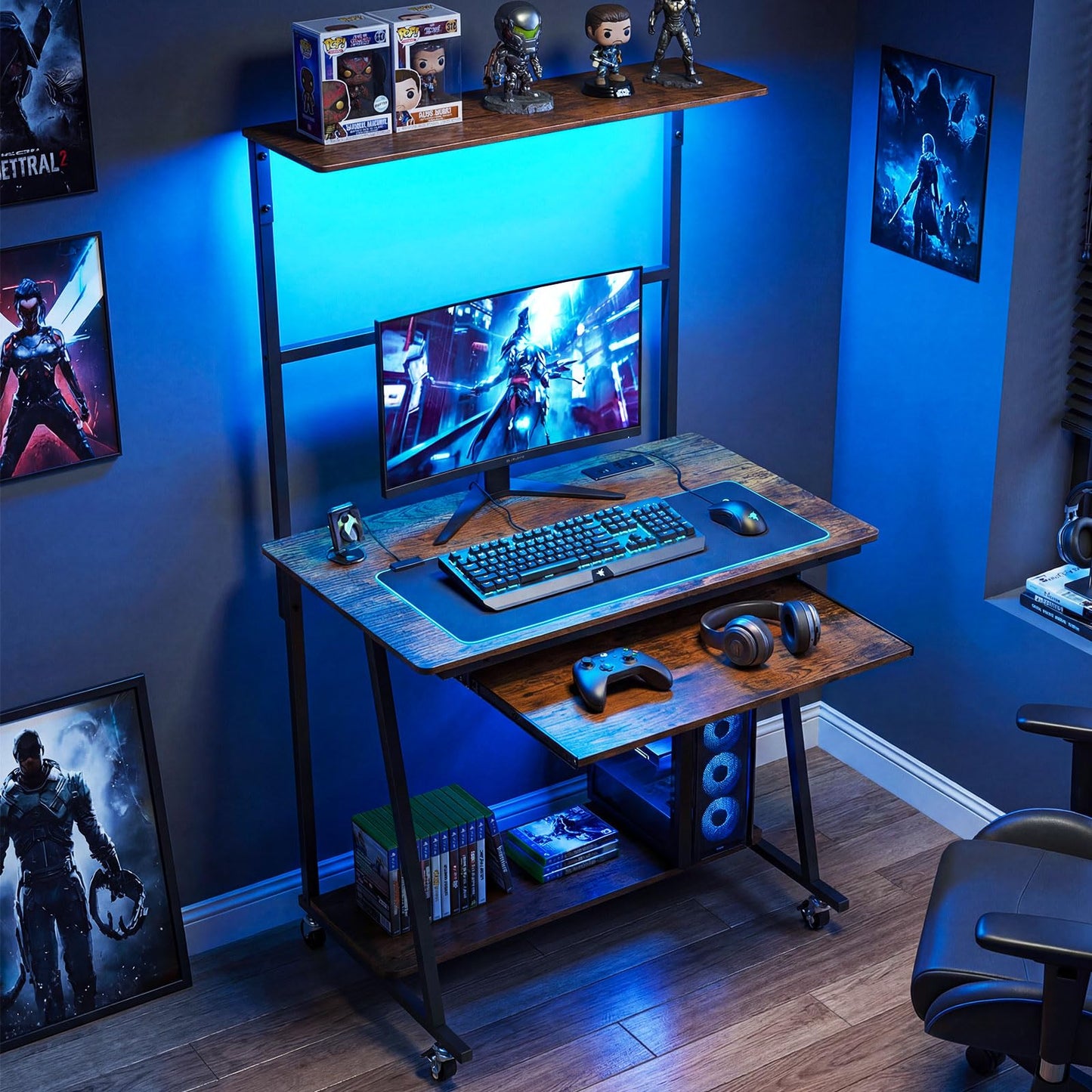 Giantex 31.5" Small Computer Desk with Charging Station & LED Lights, Rolling Home Office Desk w/Hutch, Keyboard Tray & Bottom Shelf, Study Writing Gaming Workstation Table for Bedroom, Rustic Brown