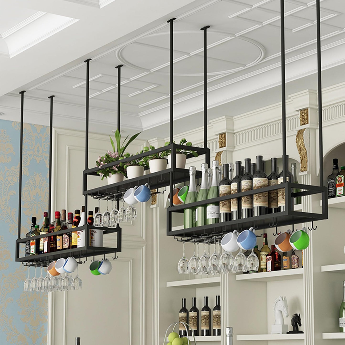 LWJQRSP Wall-Mounted Wine Rack with Glass Holder Floating Bar Shelves for Liquor & Wine Bottles Mini Bar Display Shelf for Home Bar Dining Room Kitchen Café and Restaurant