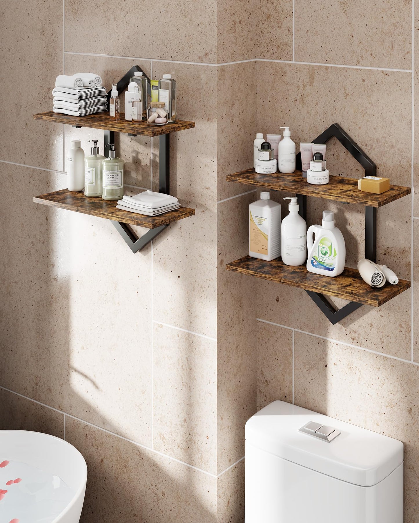 Forjarn Floating Shelves, Set of 2 Wall Shelf, Wall Mounted Decorative Shelves, 2-Tier Modern Geometric Hanging Storage Shelf for Living Room, Bedroom, Kitchen, Office, Study (Rustic Brown + Black)