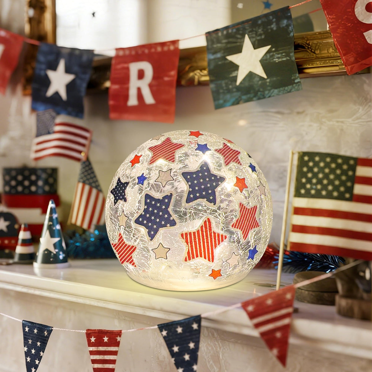 3PCS Independence Day Decorative Lights, 3.93-inch Independence Day Desktop Decoration LED Night Light, Cracked Glass Ball Light with Timer, 4th of July Decoration (red Five-Pointed Star)