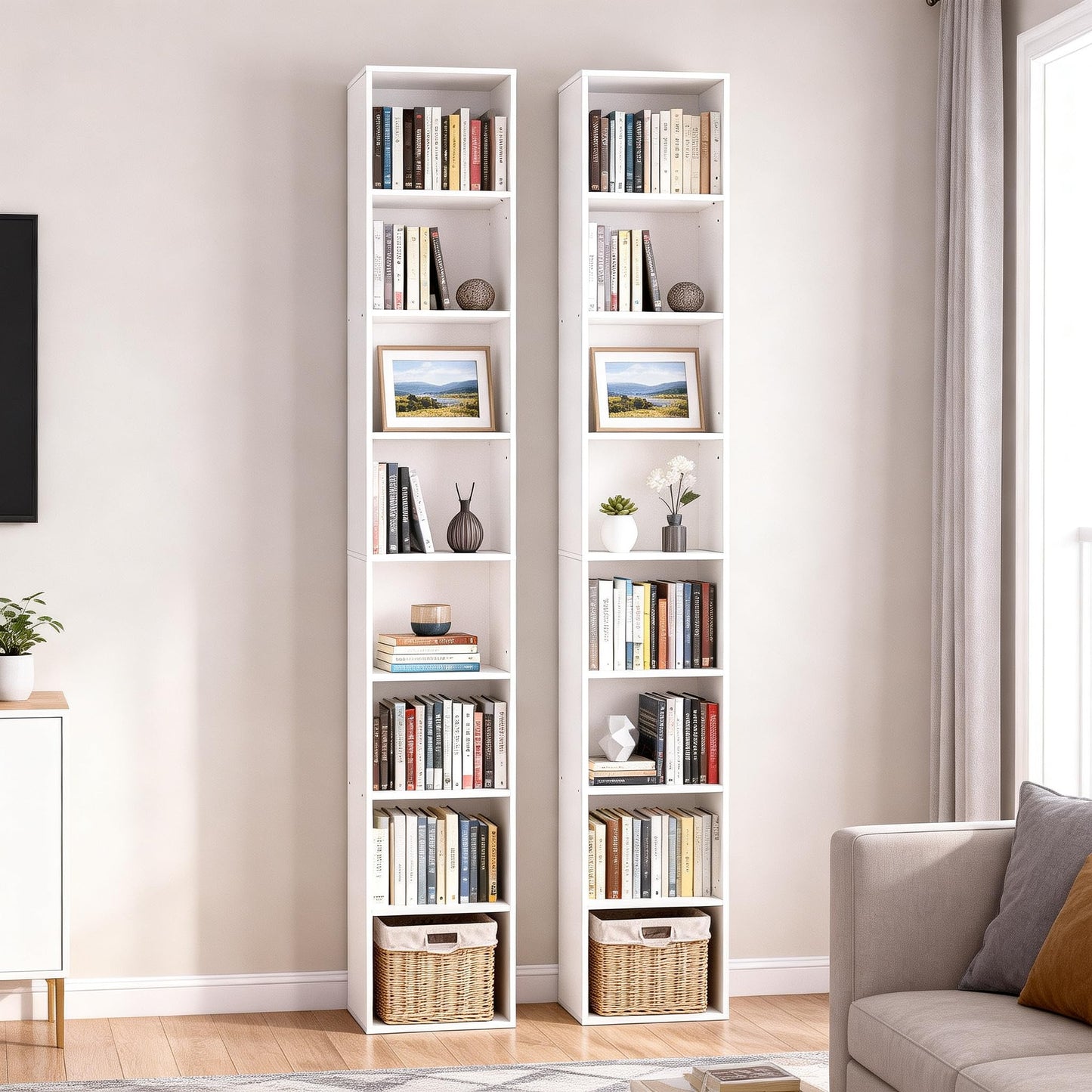 NewBeth 8-Cube Storage Organizer Bookcase, White, Tall Narrow Bookshelf for Home Office (White)